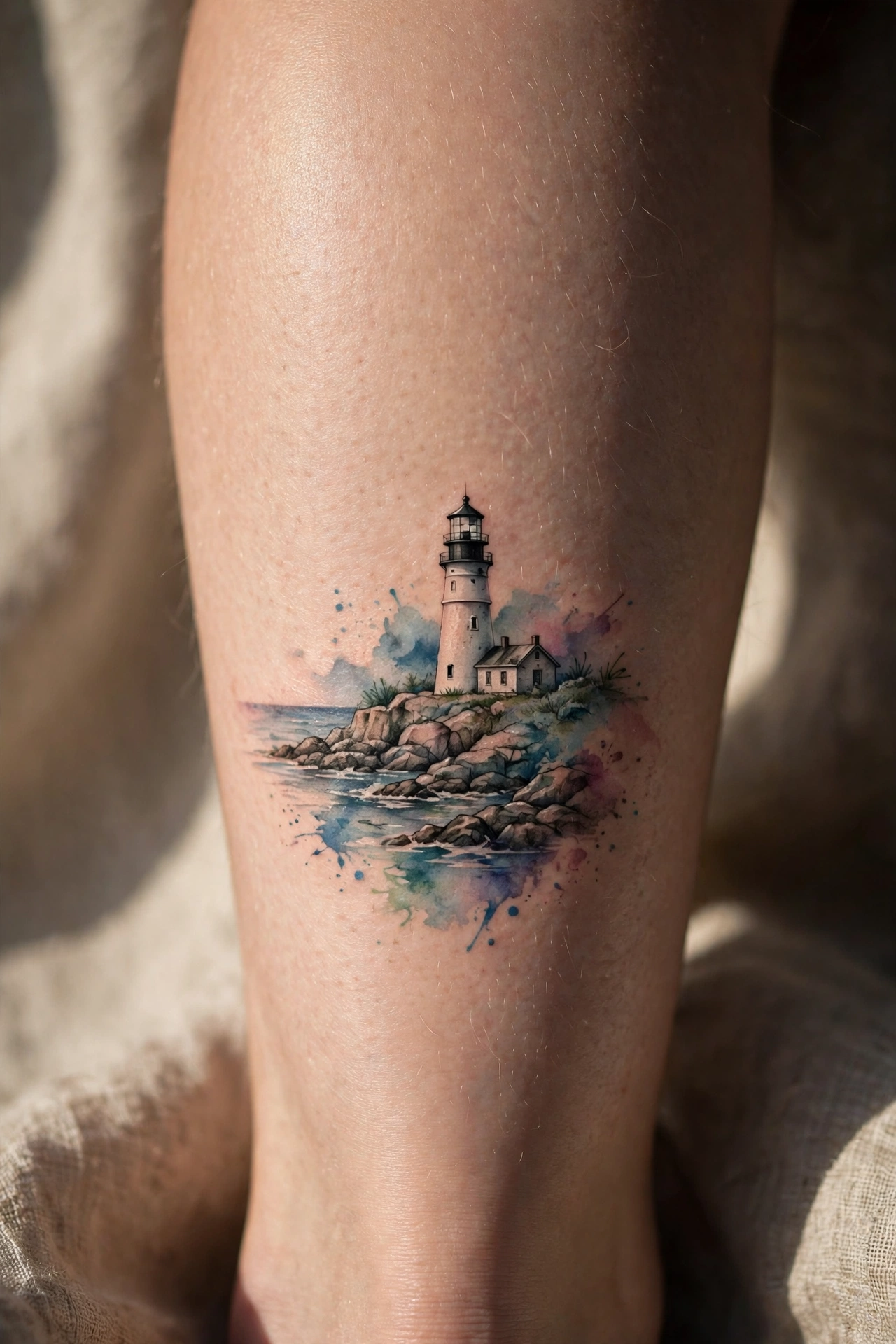 Lighthouse on rocky coast calf tattoo