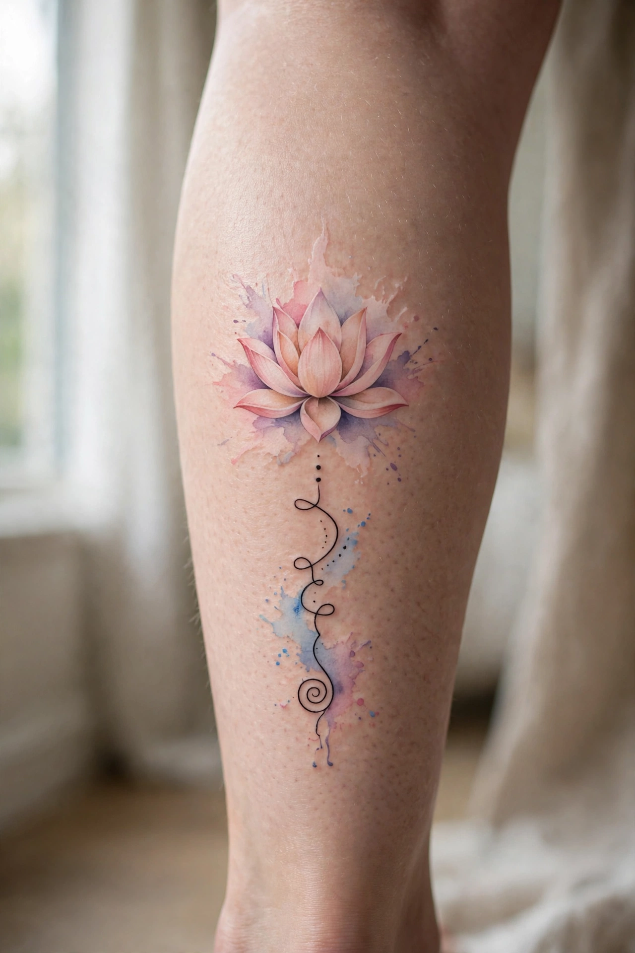 Lotus flower with unalome symbol calf tattoo