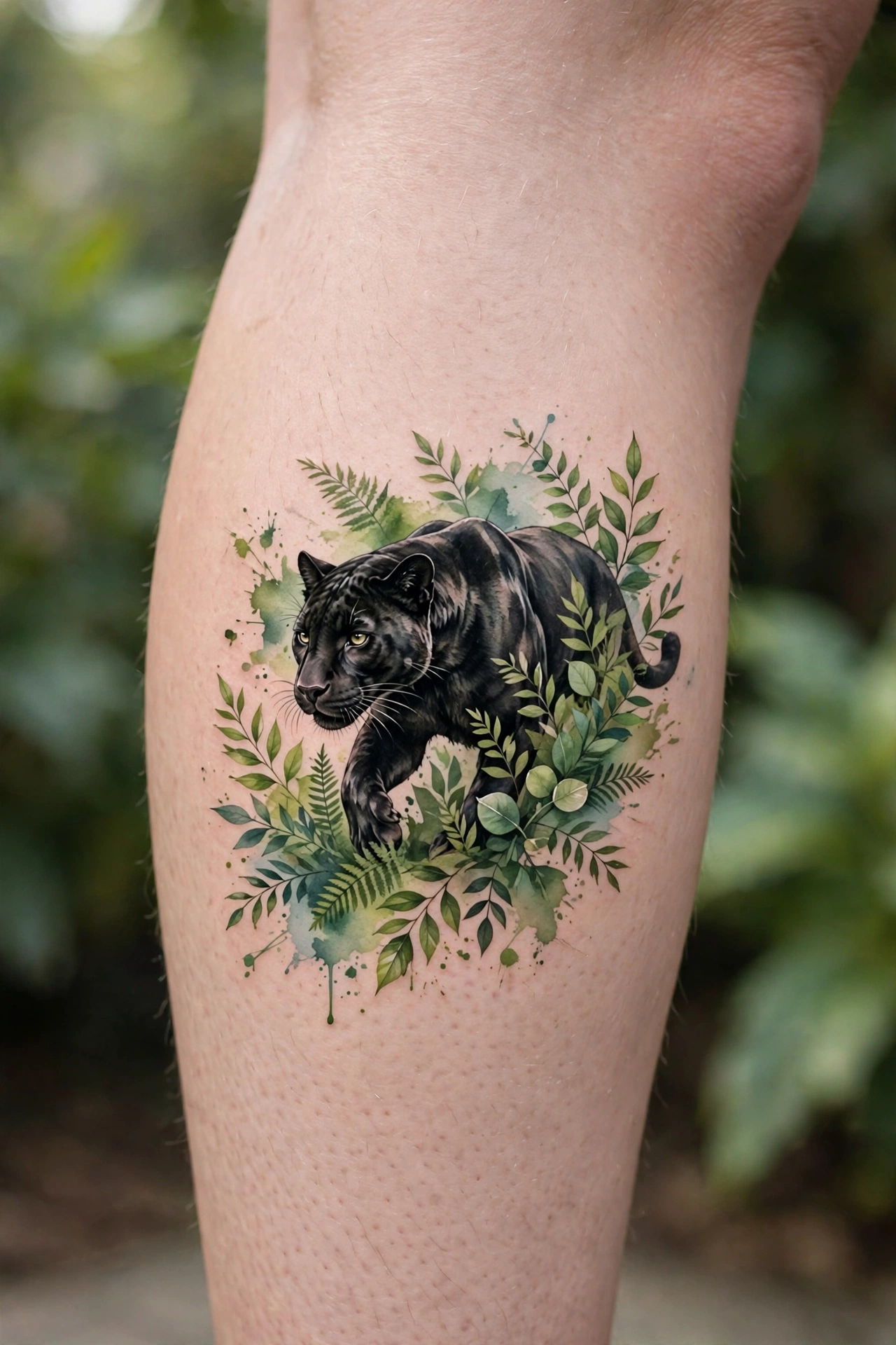 Black panther stalking through foliage calf tattoo