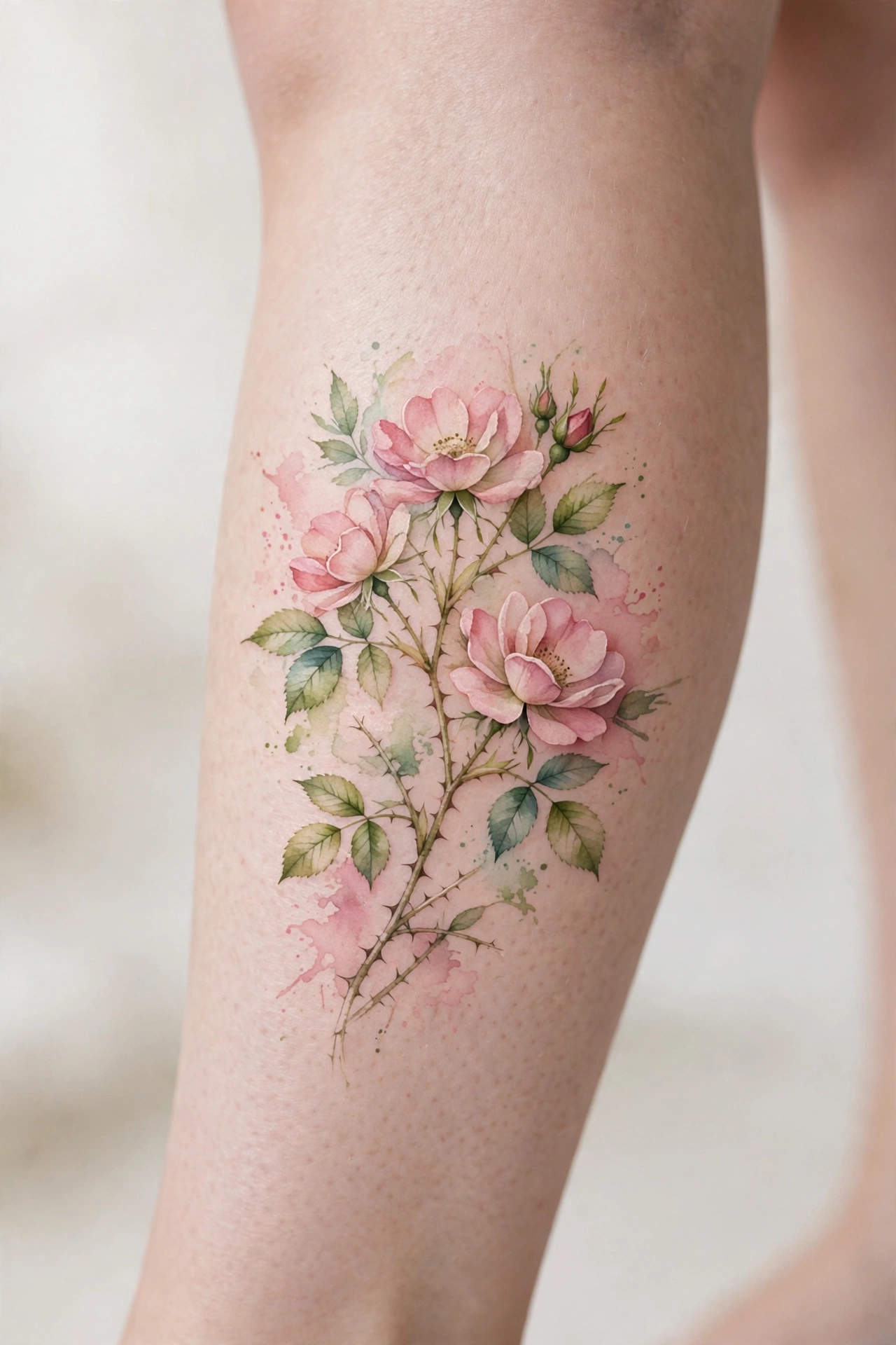Wild roses with thorns tattoo on a calf