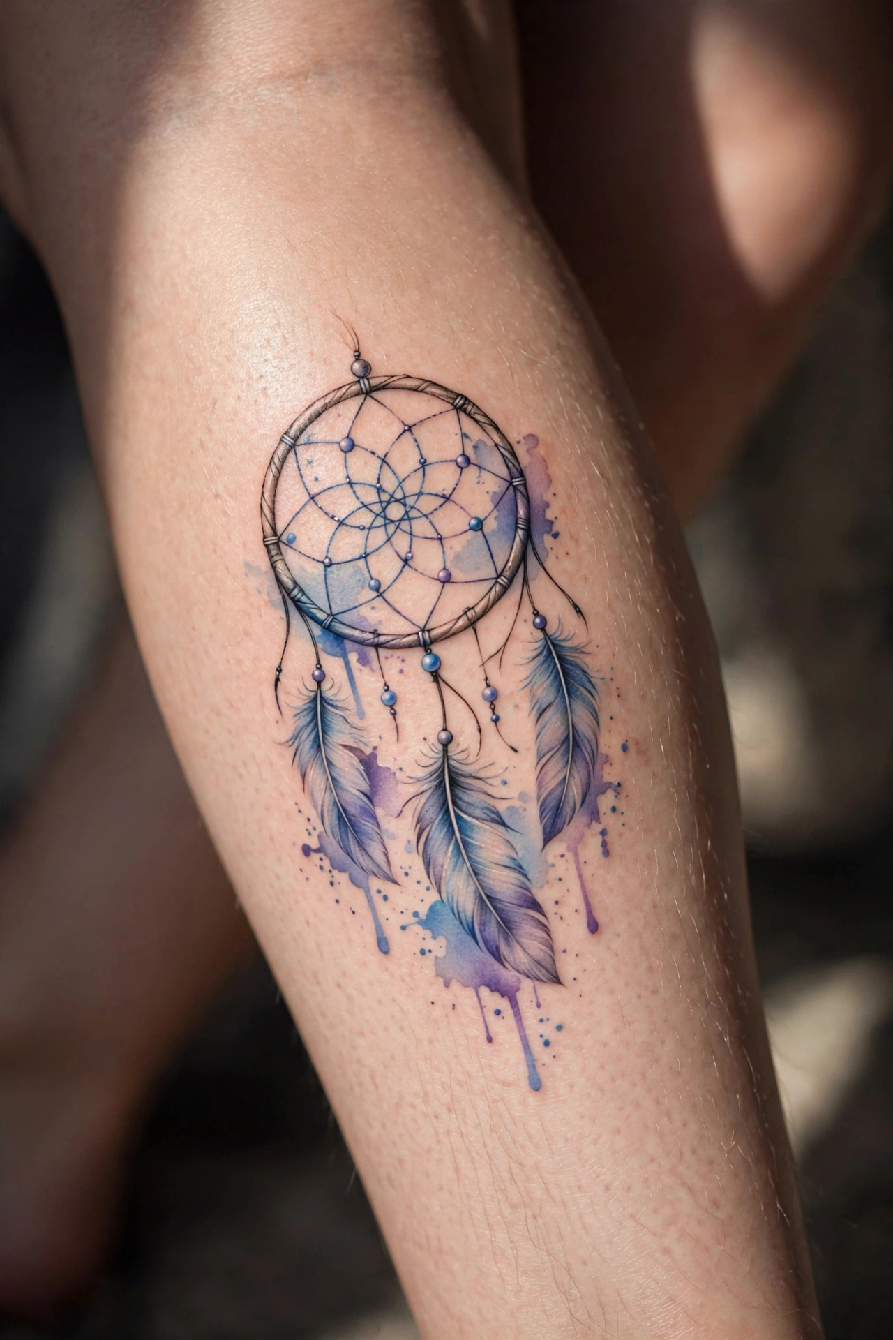 Dreamcatcher with feathers calf tattoo