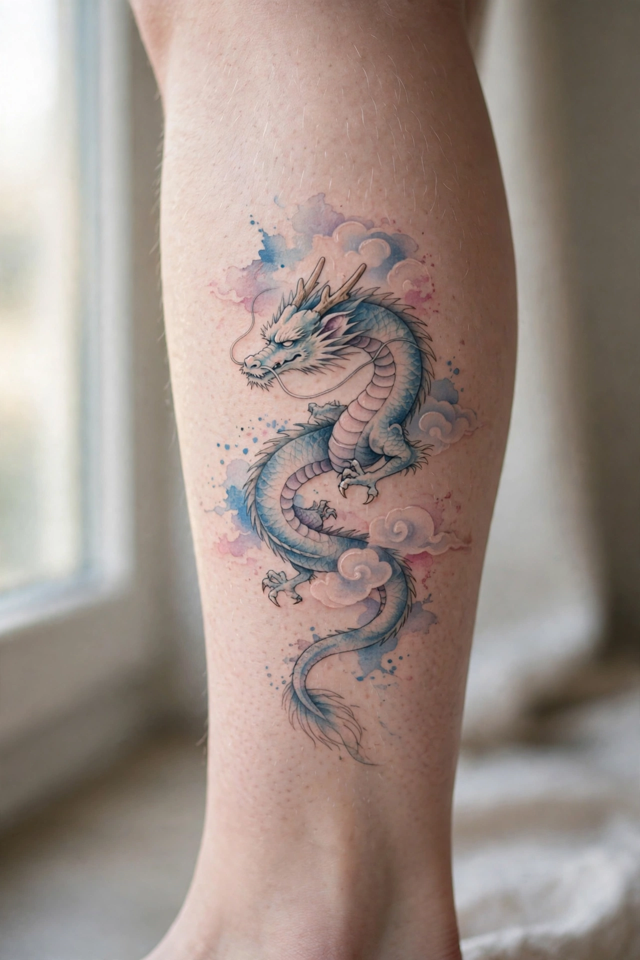 Japanese dragon with clouds calf tattoo
