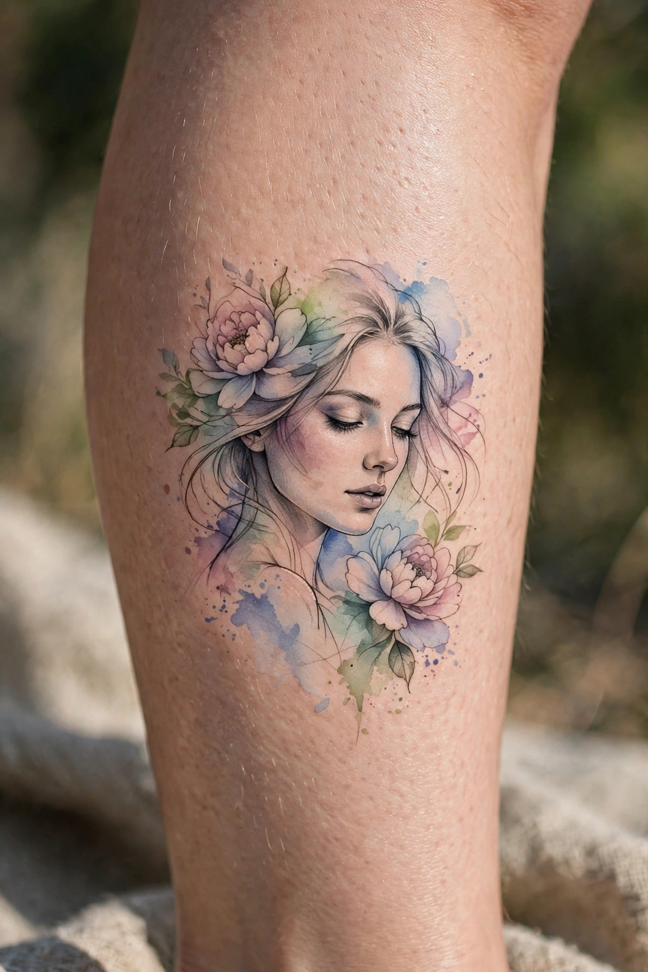 Realistic portrait tattoo on a calf