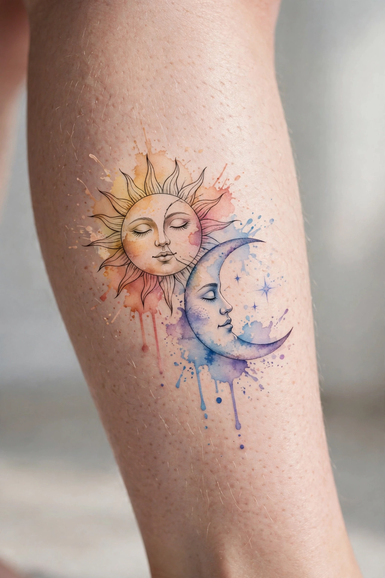 Sun and moon celestial tattoo on a calf