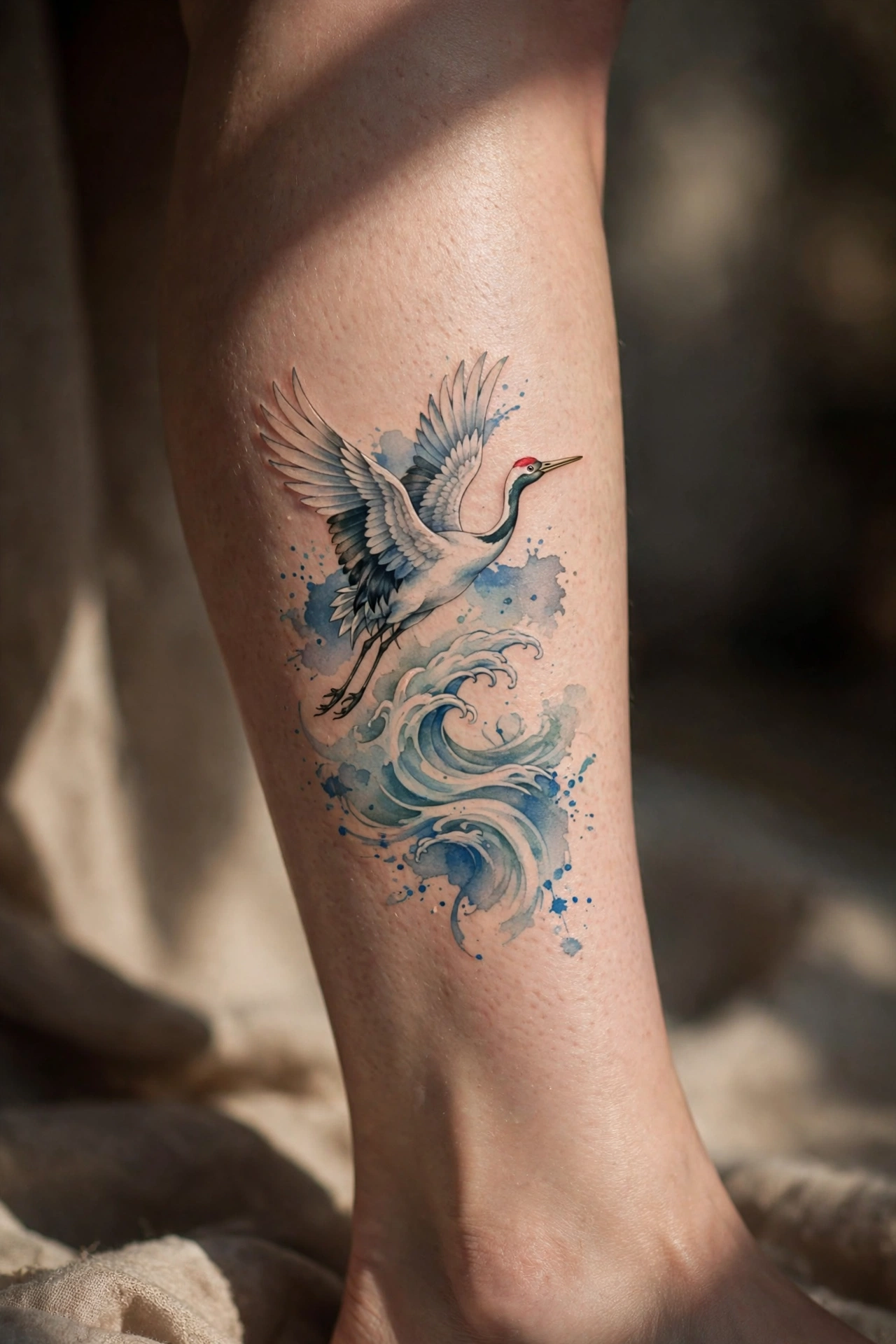 Japanese crane flying over waves calf tattoo