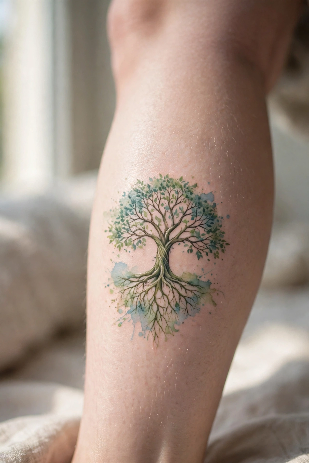 Tree of life with roots calf tattoo