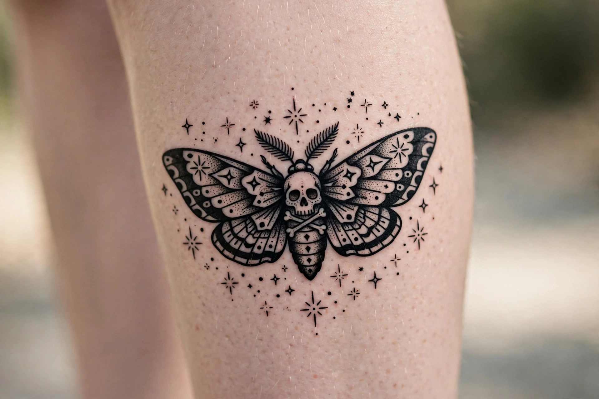 Death's-head moth with stars calf tattoo