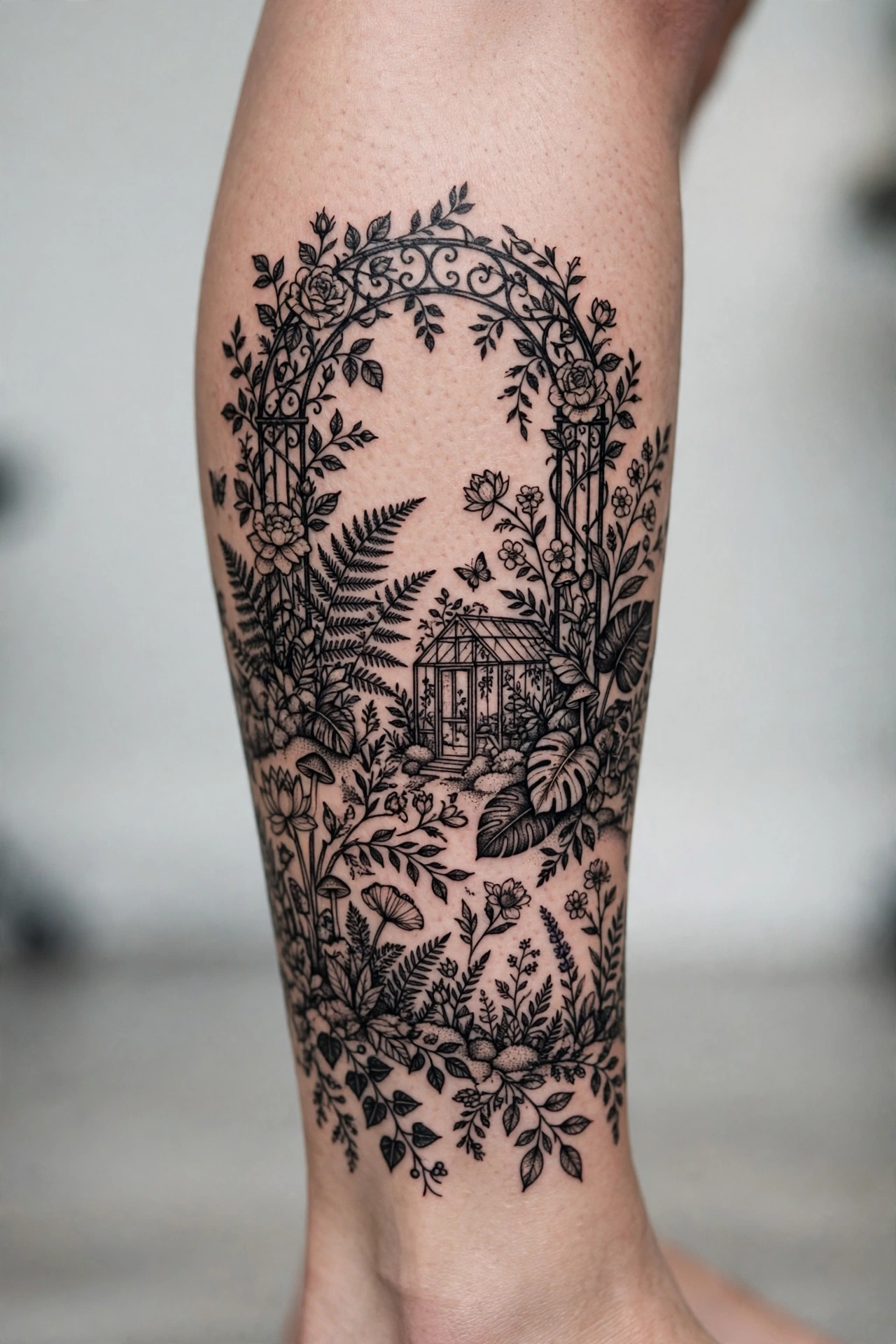 Full botanical garden scene tattoo covering a calf