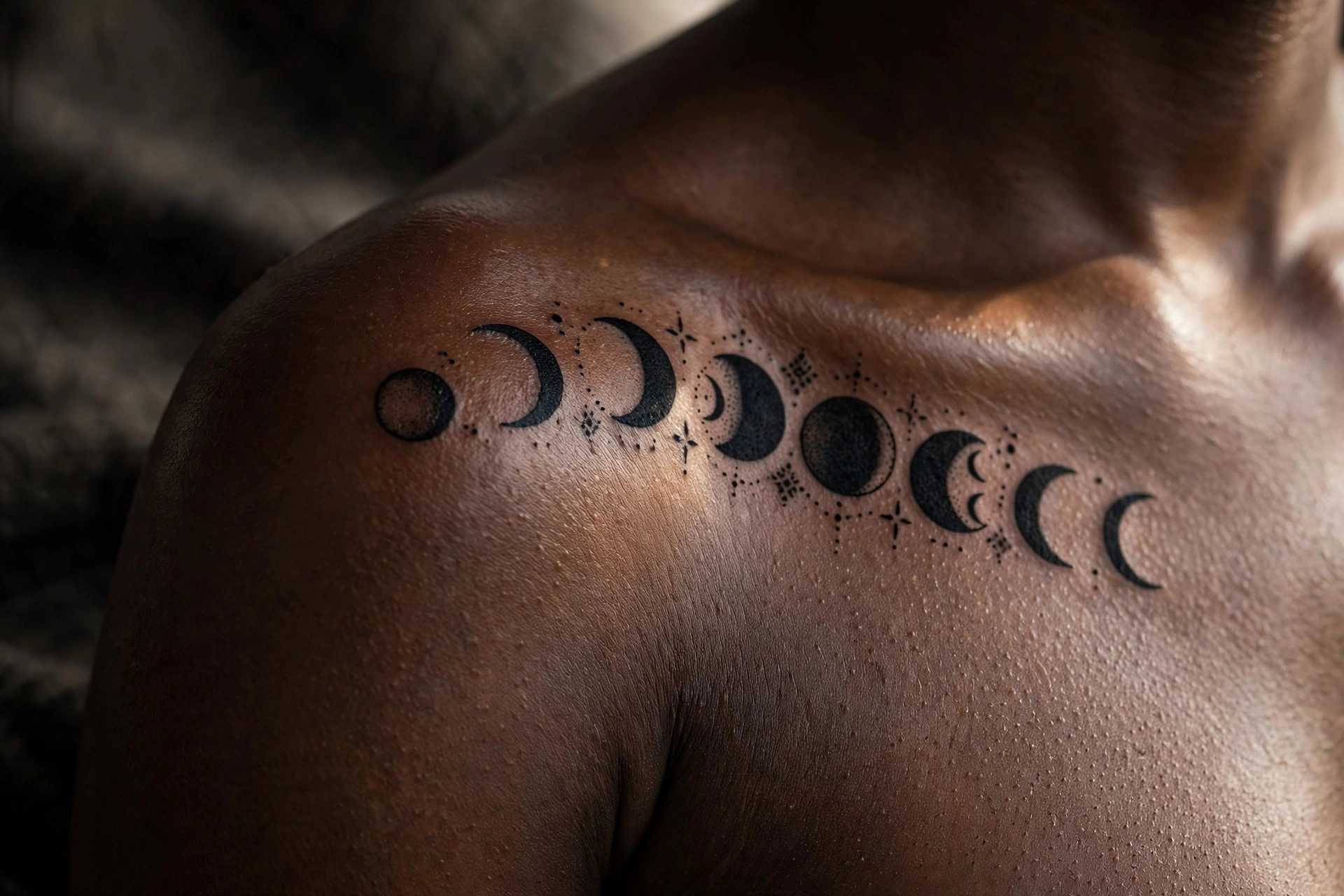 Lunar phase cycle arched across collarbones tattoo