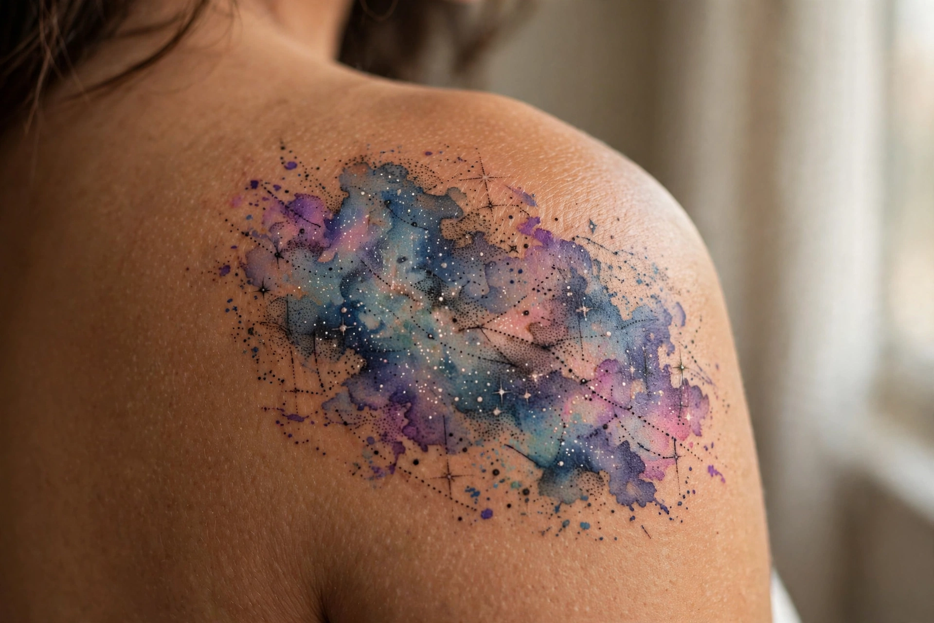 Watercolor galaxy with nebula colors tattoo