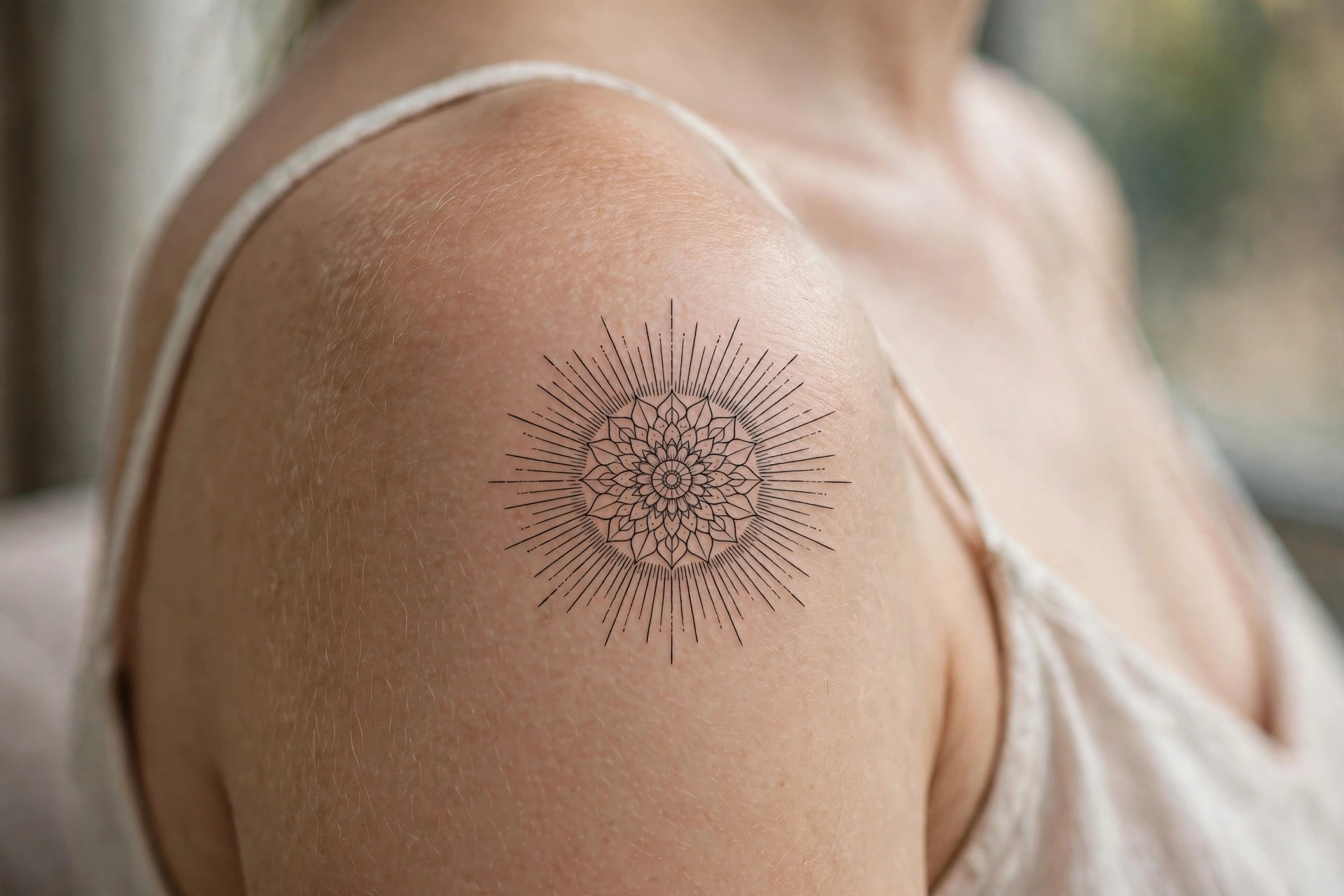 Radiant sunburst mandala tattoo with intricate rays