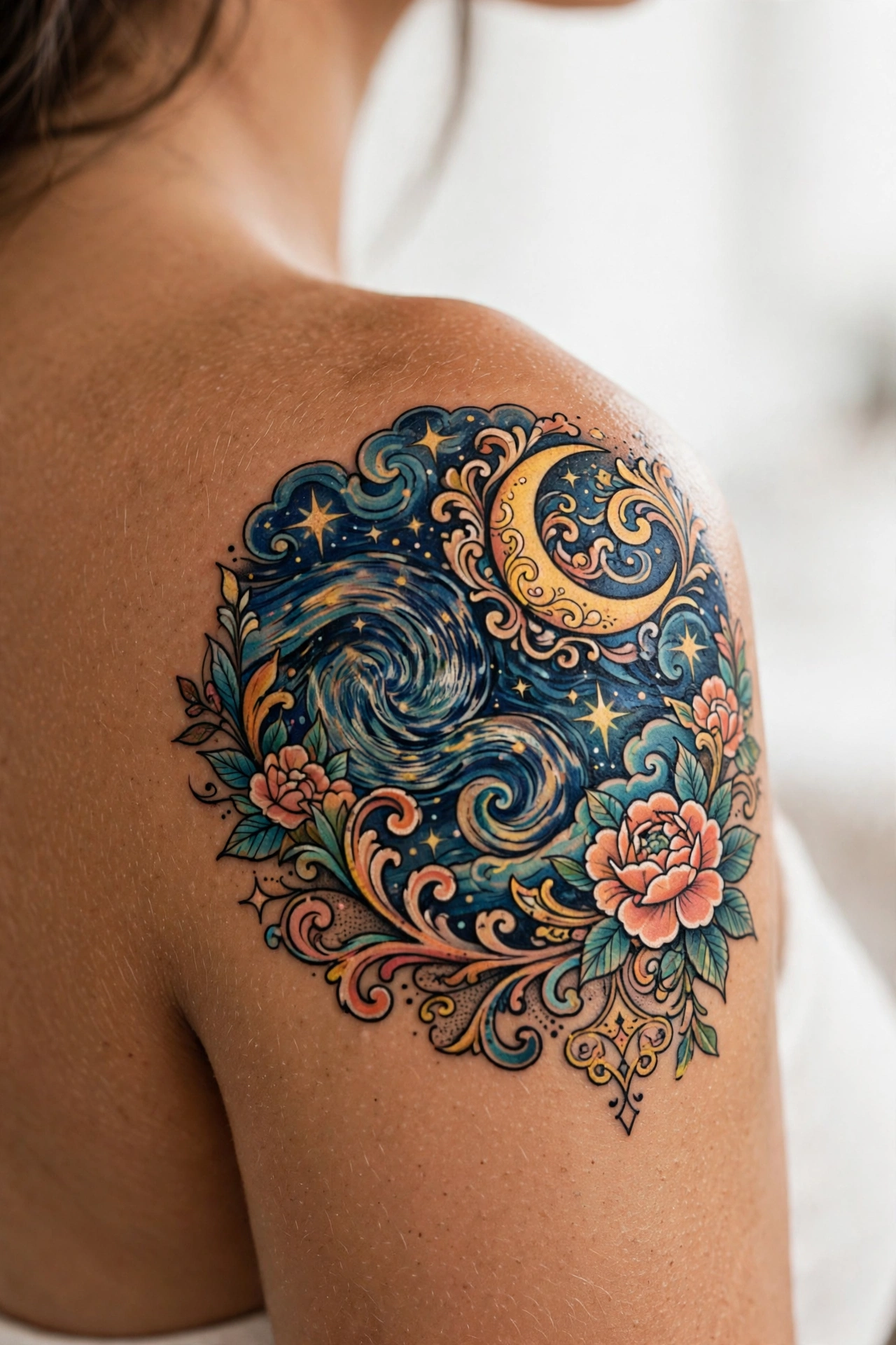 Van Gogh-inspired swirling starry night tattoo