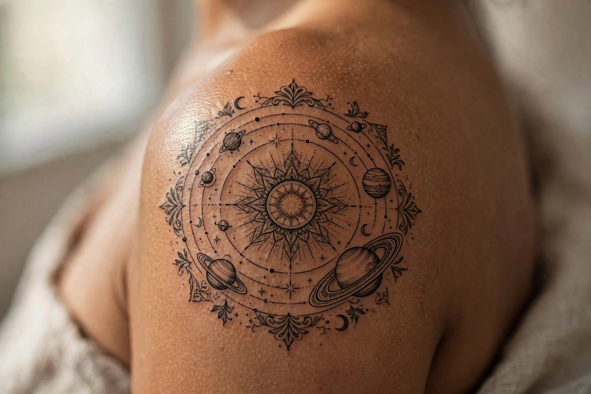 Miniature solar system with orbiting planets tattoo