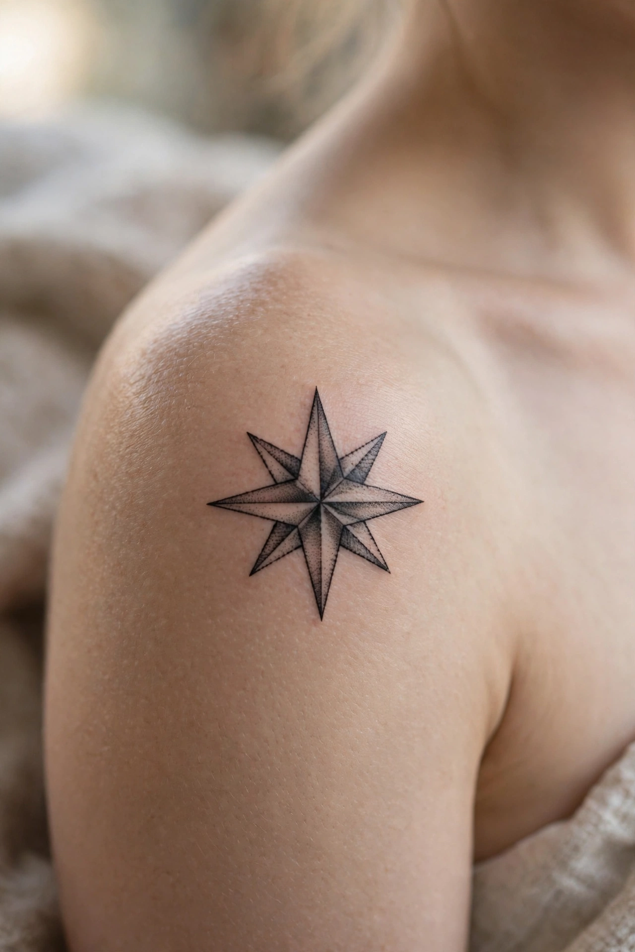 Bright North Star with radiating light tattoo