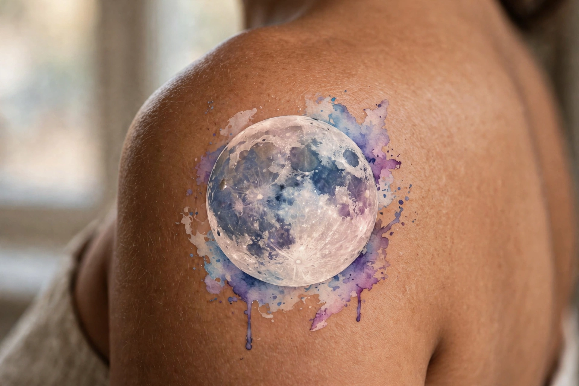 Photorealistic full moon with crater detail tattoo
