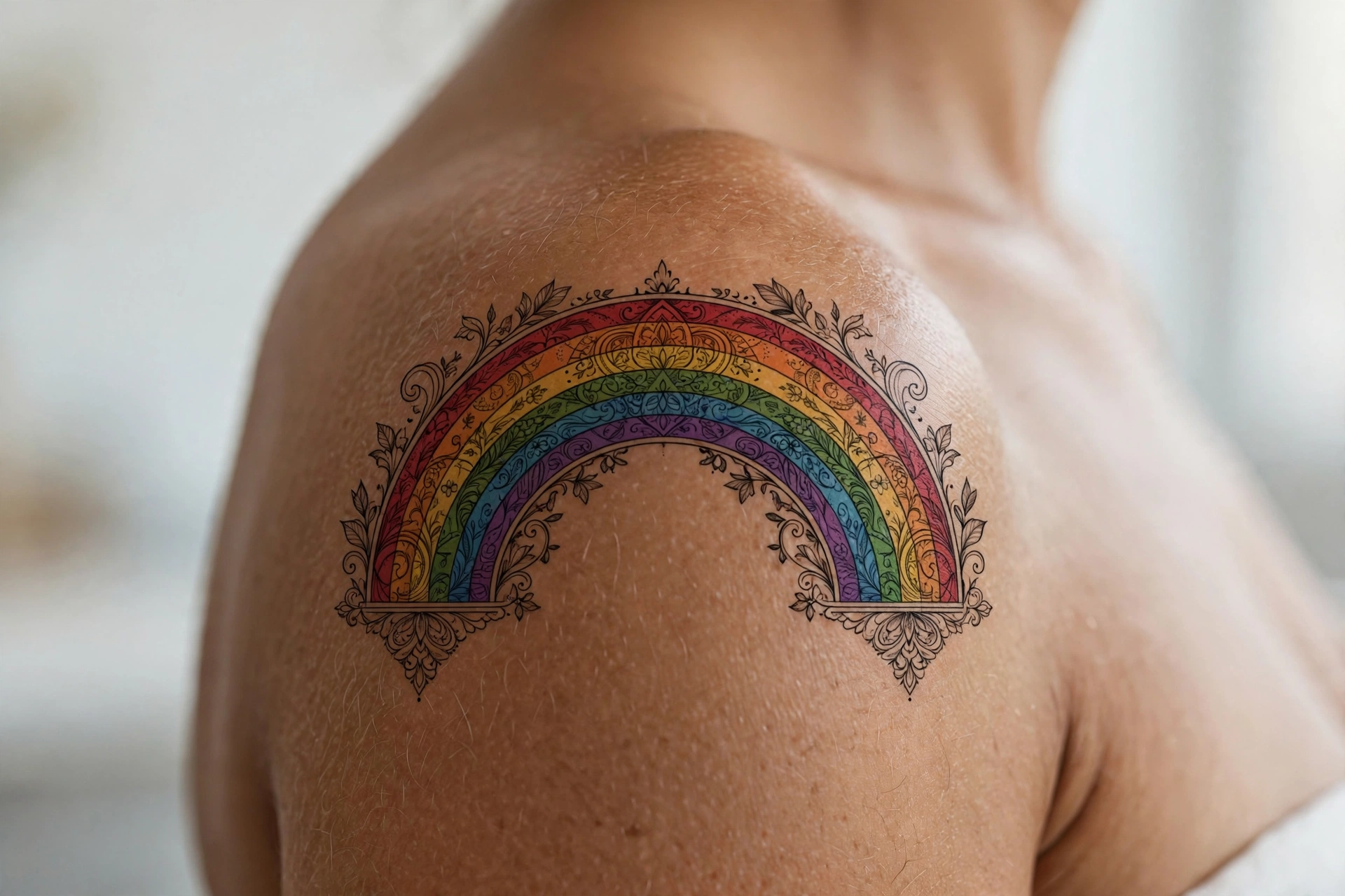 Soft watercolor rainbow arc tattoo