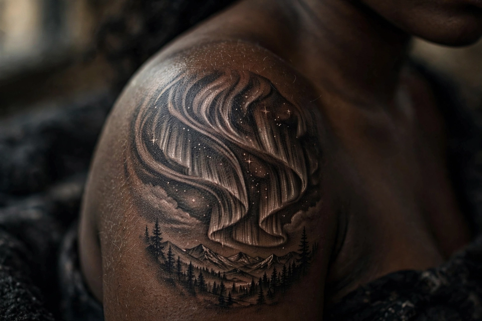 Northern lights in flowing green curtains tattoo