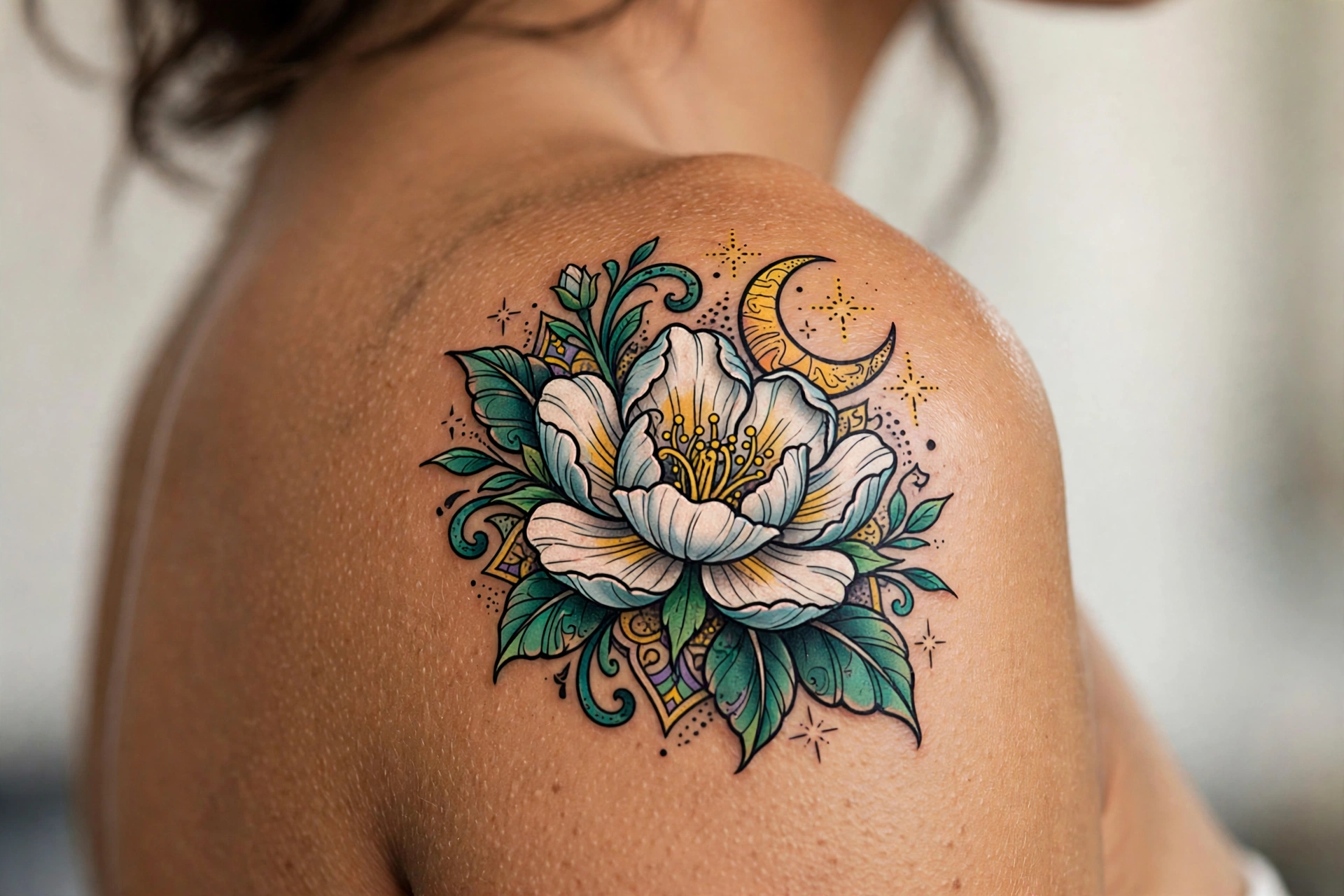 Night-blooming moonflower with crescent moon tattoo