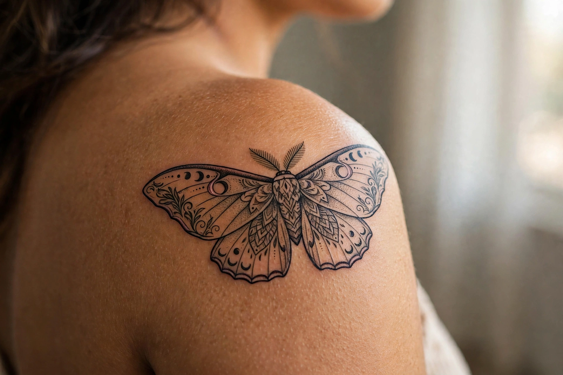 Moth wings patterned like the lunar surface tattoo
