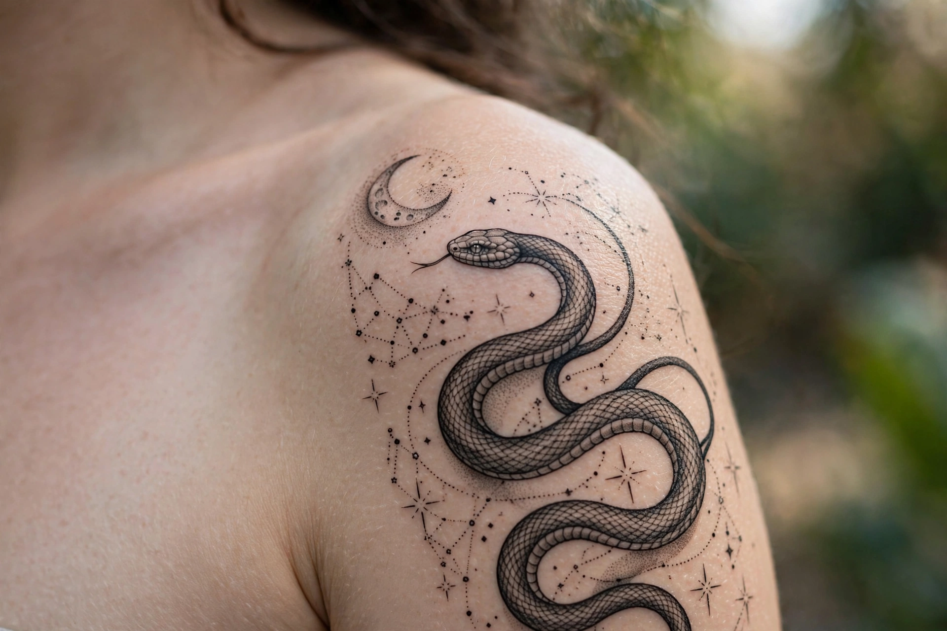 Snake coiling through stars and moons tattoo