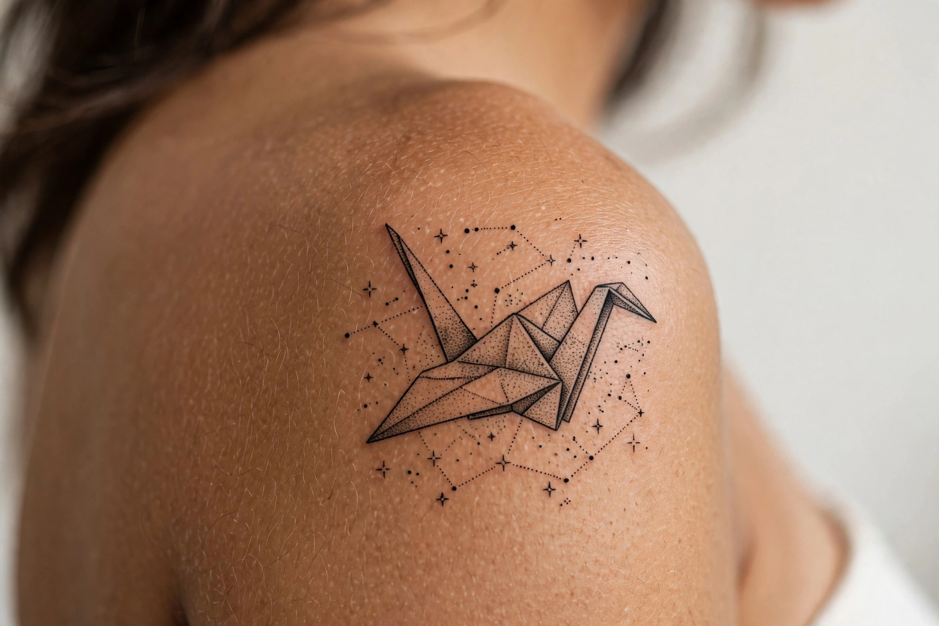 Origami crane formed from star points tattoo