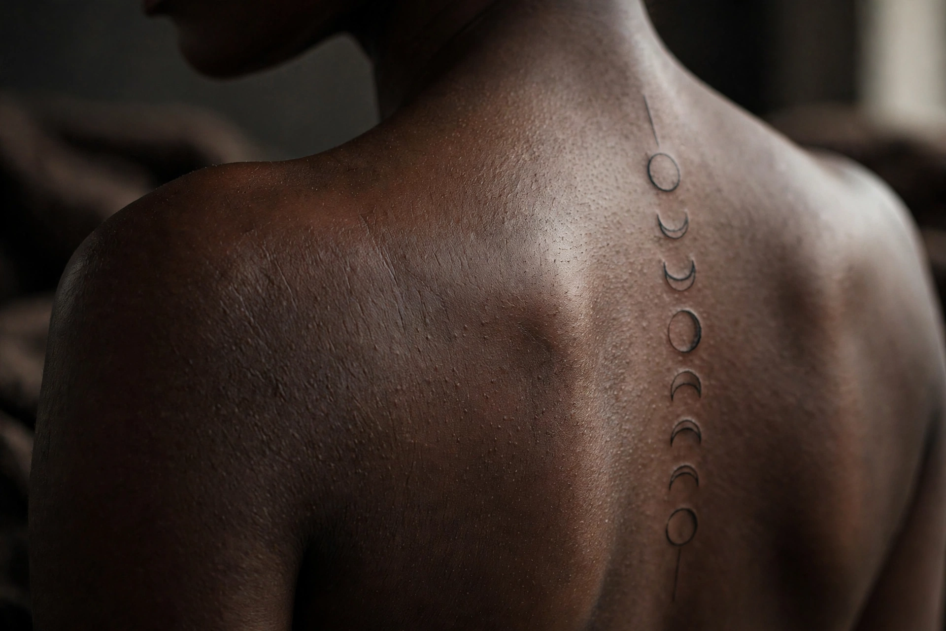 Moon phases descending the spine tattoo