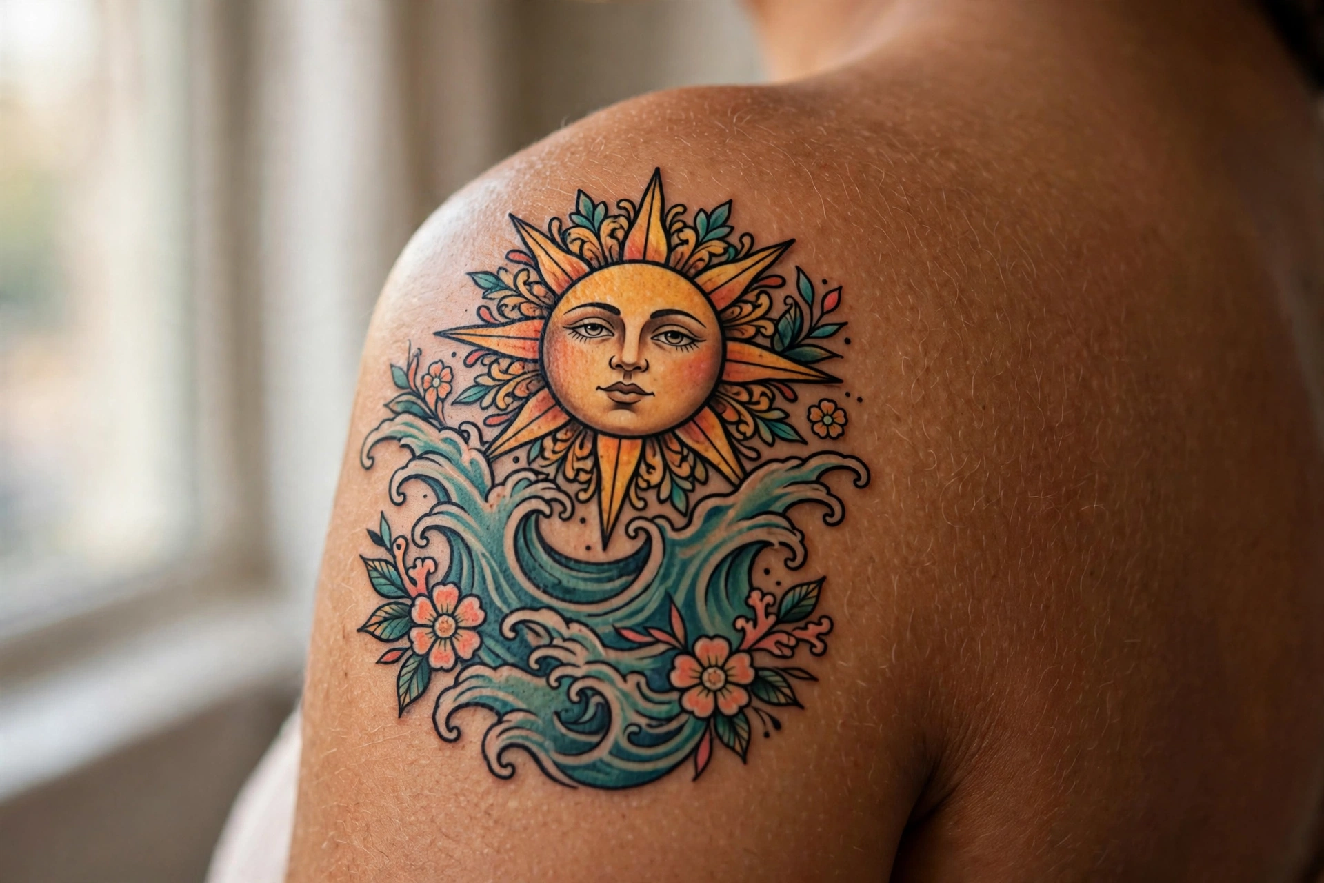 Sun rising over stylized ocean waves tattoo