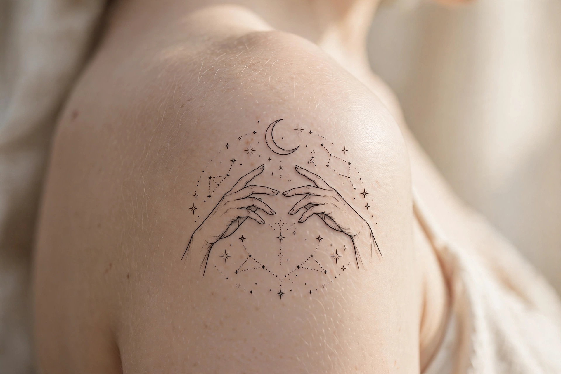 Two hands reaching with stars between fingertips tattoo