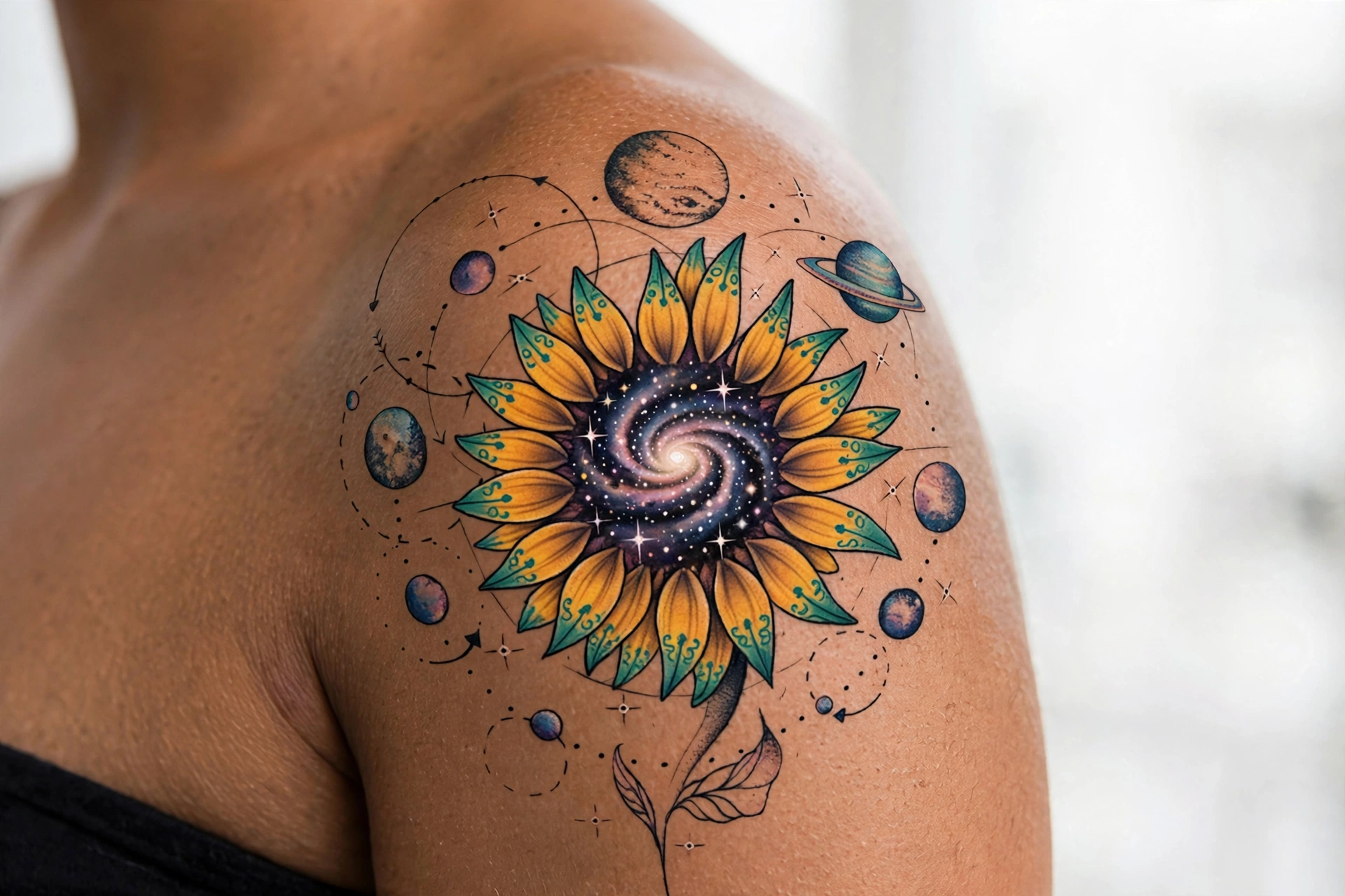 Sunflower head as a spiral galaxy tattoo