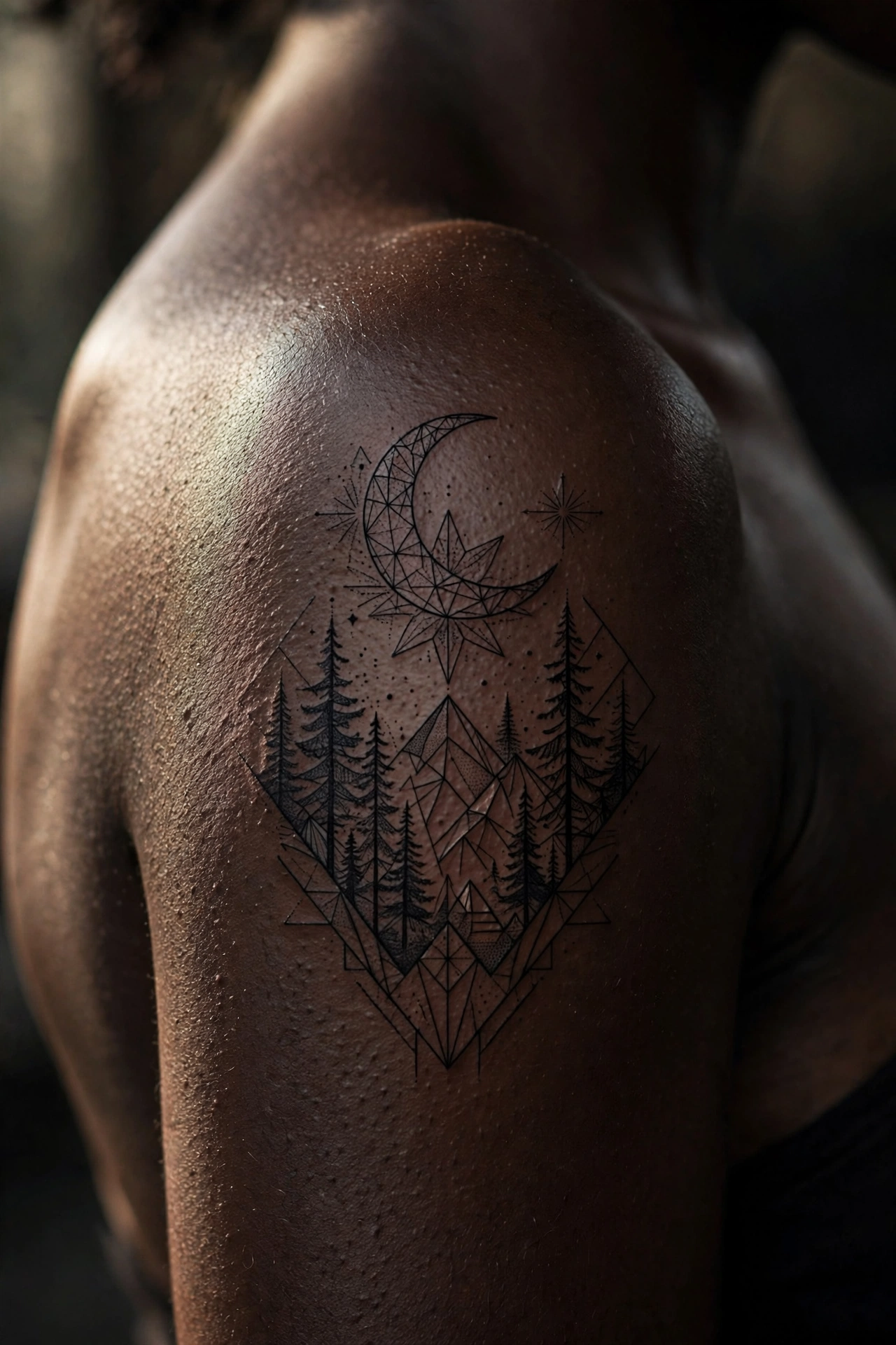 Forest silhouettes under a large moon tattoo