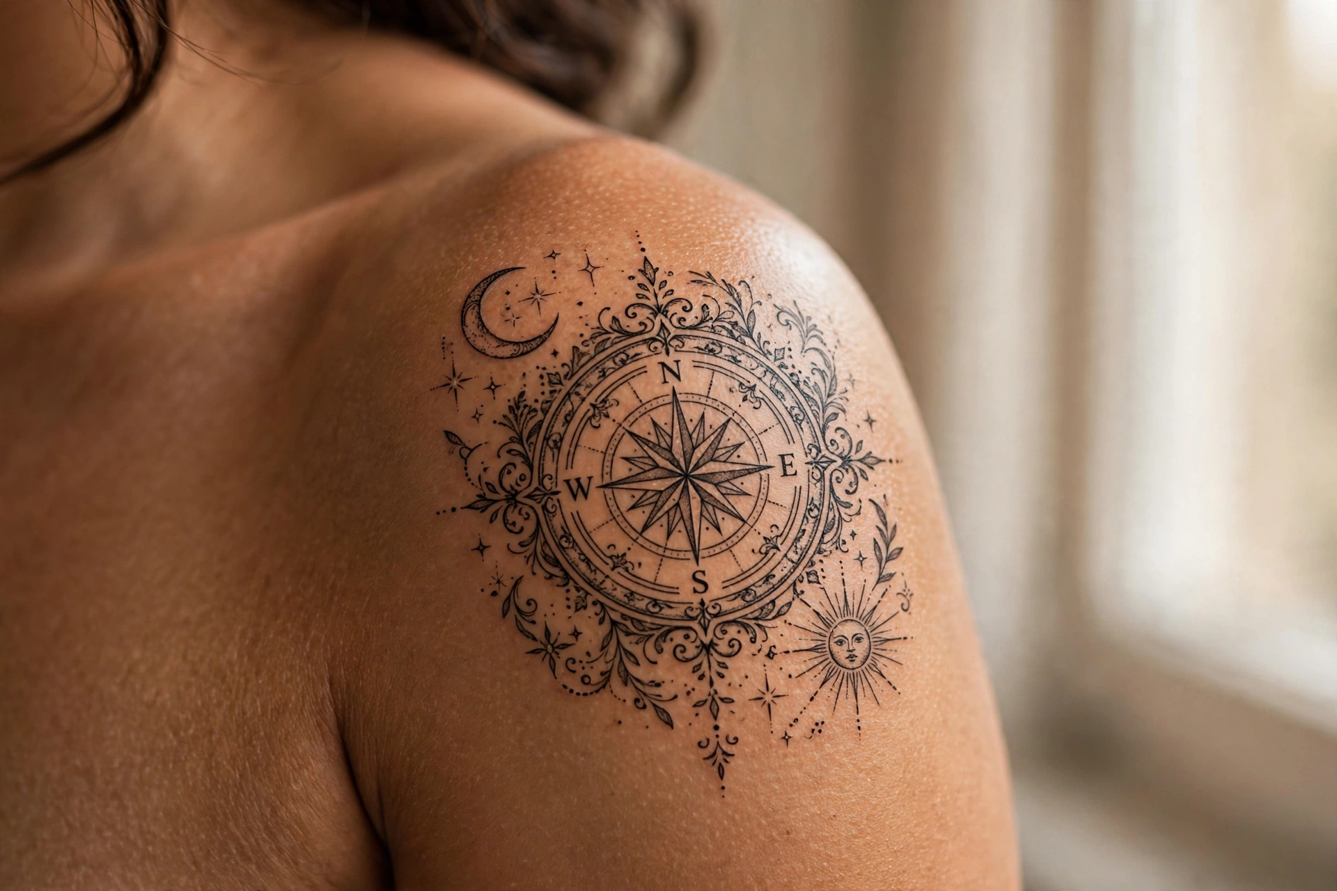 Compass rose with celestial bodies at each point tattoo