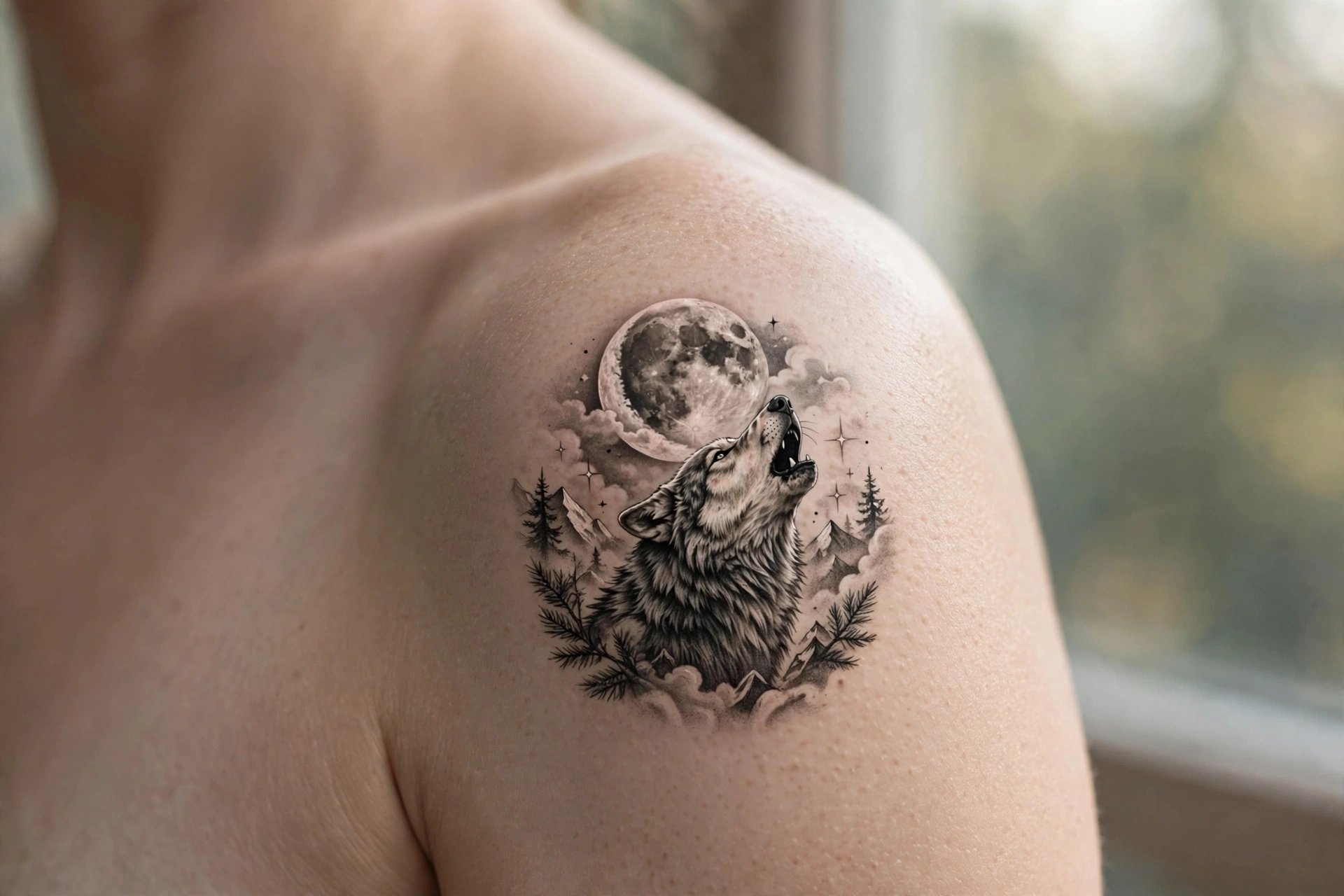 Wolf silhouette howling at a starry moon tattoo