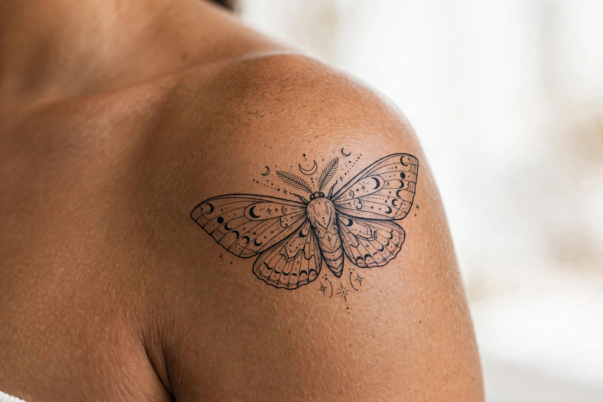 Luna moth with constellation wing patterns tattoo