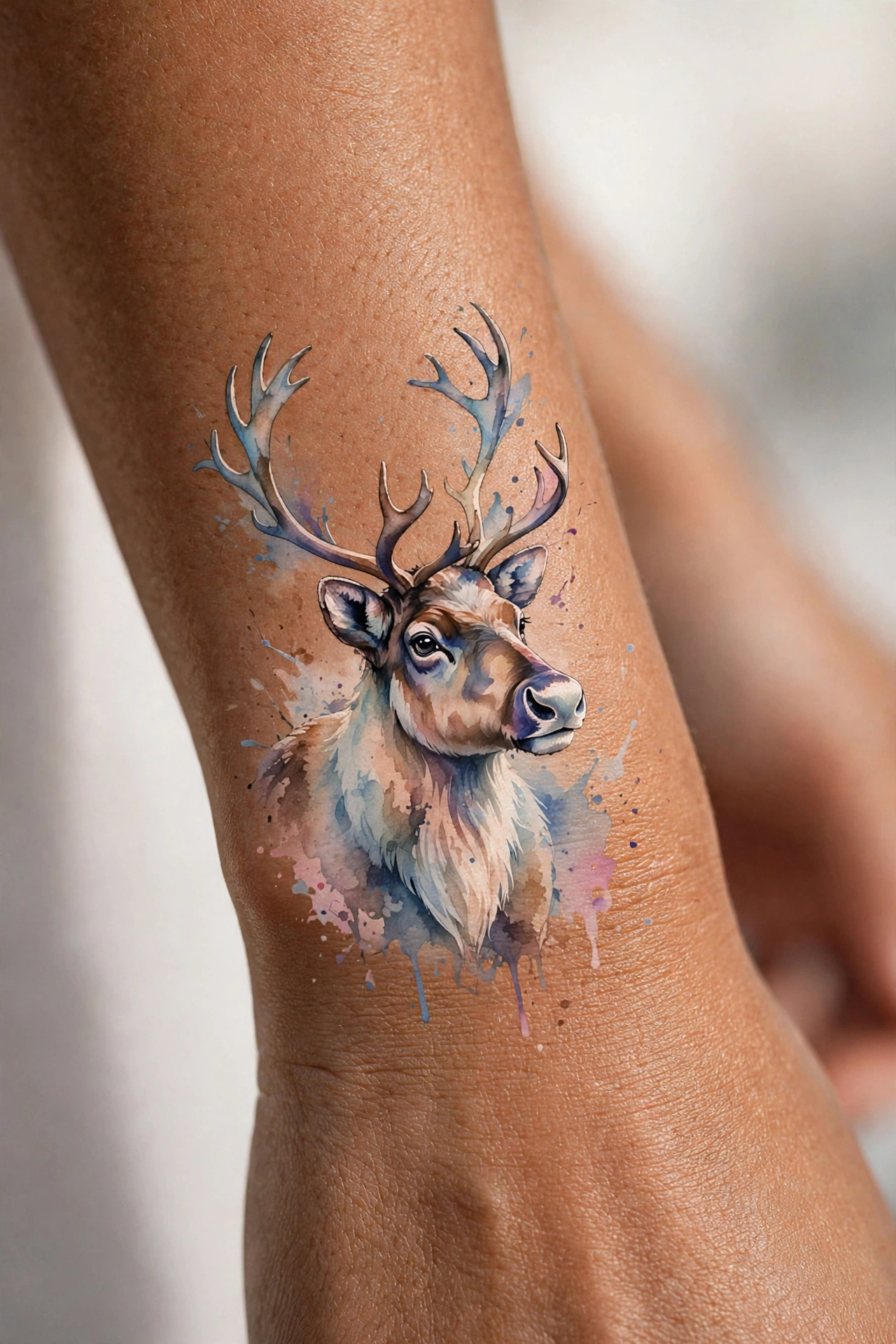 Cute reindeer portrait tattoo with red nose