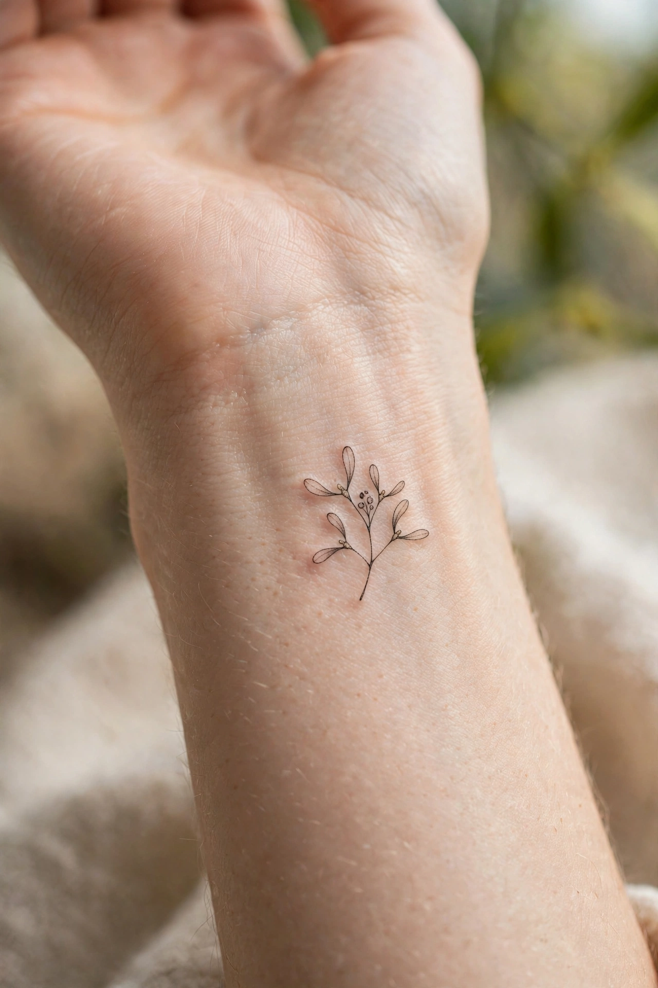 Delicate mistletoe sprig tattoo with berries