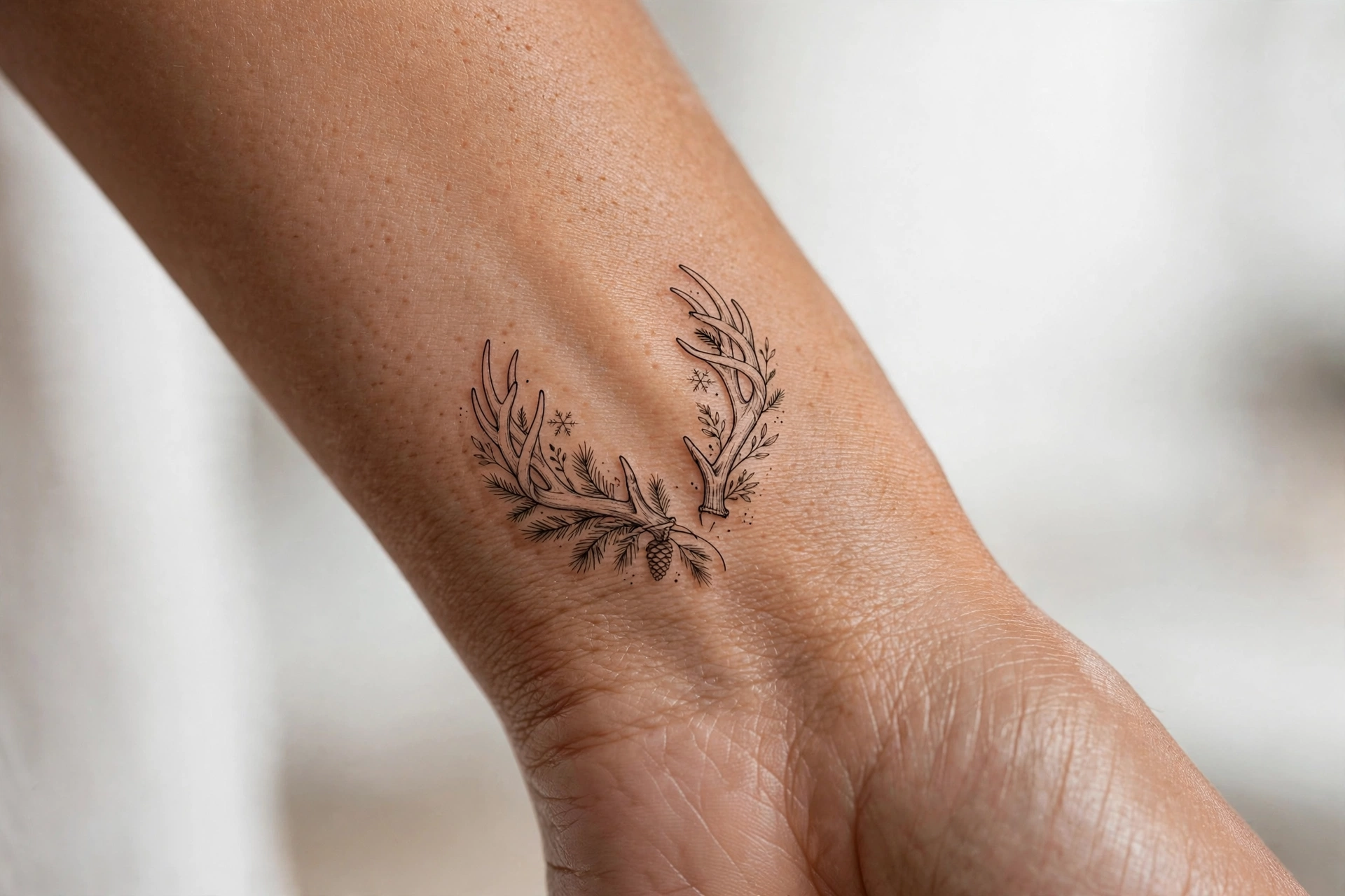 Elegant deer antlers tattoo with snowflakes