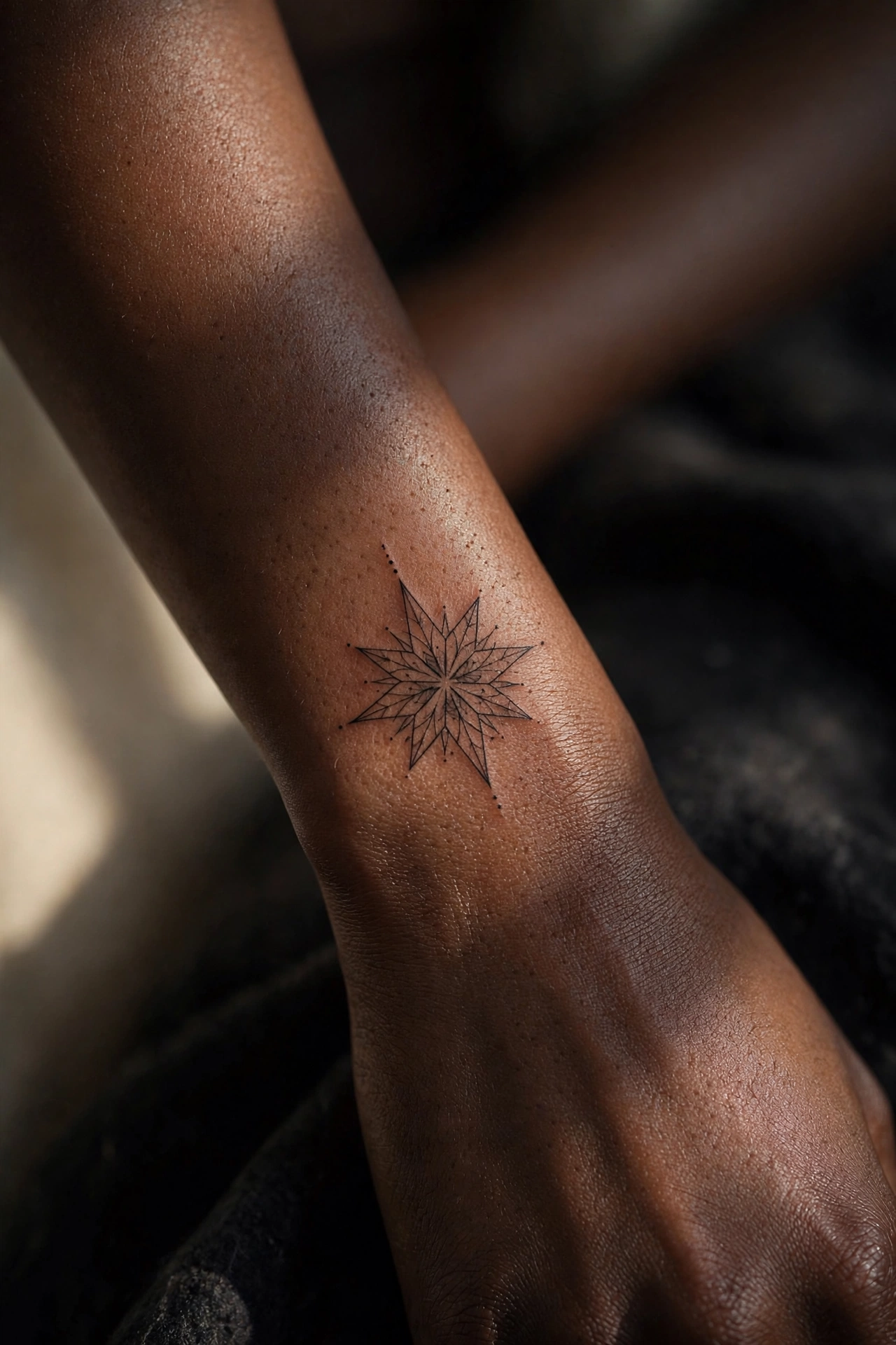 Radiant Christmas star tattoo on upper back
