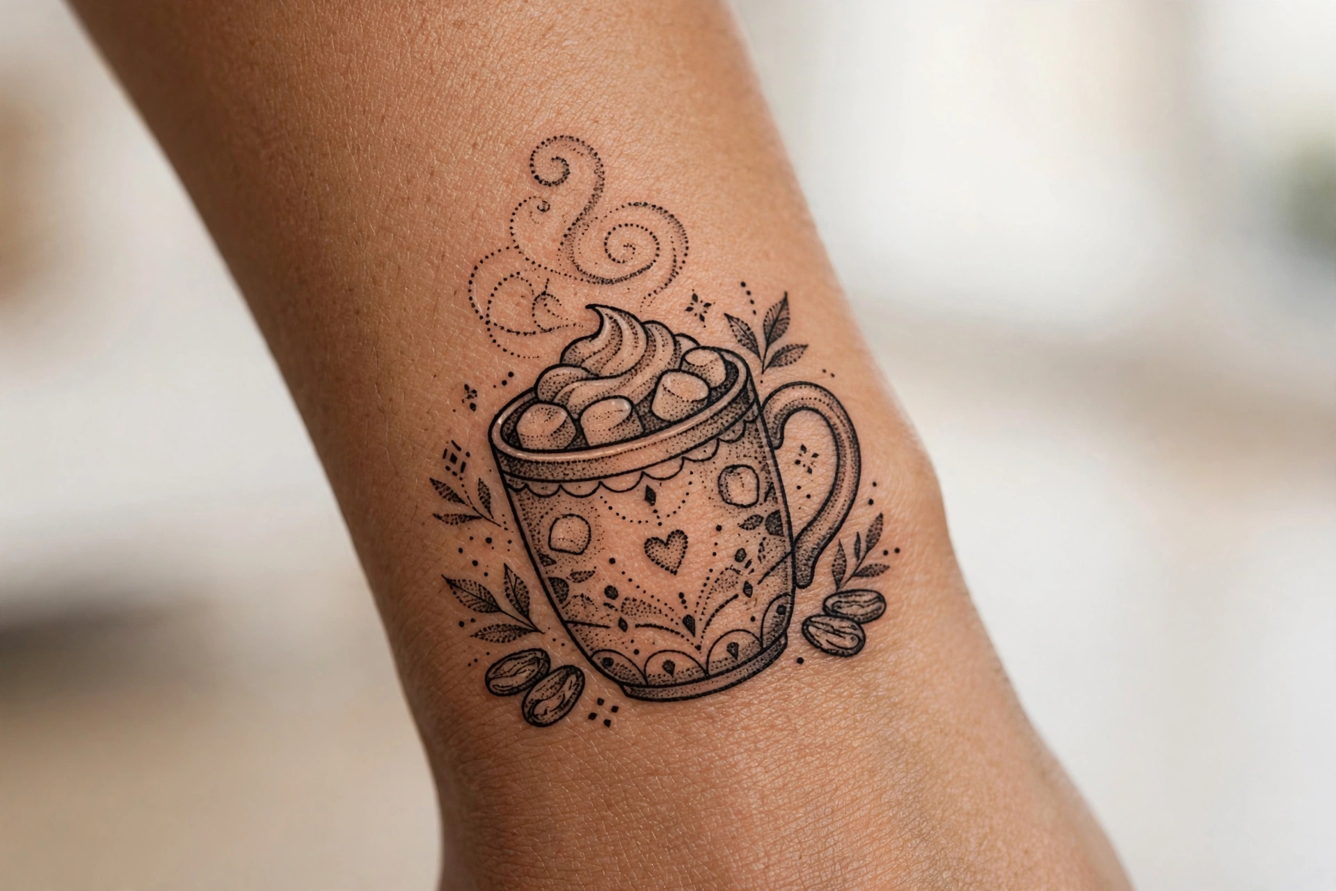 Steaming hot cocoa mug tattoo with marshmallows