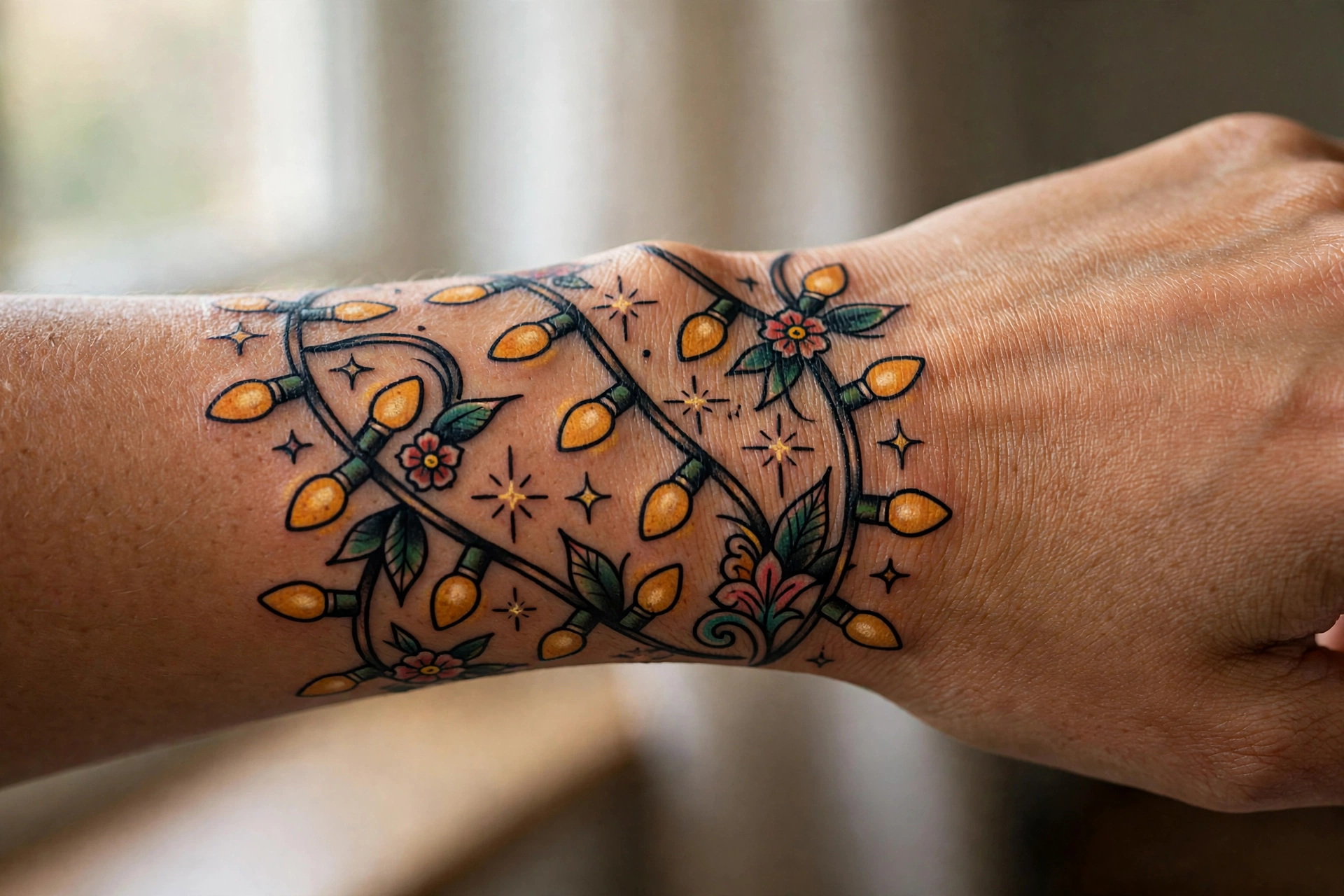 String of twinkling Christmas lights tattoo on collarbone