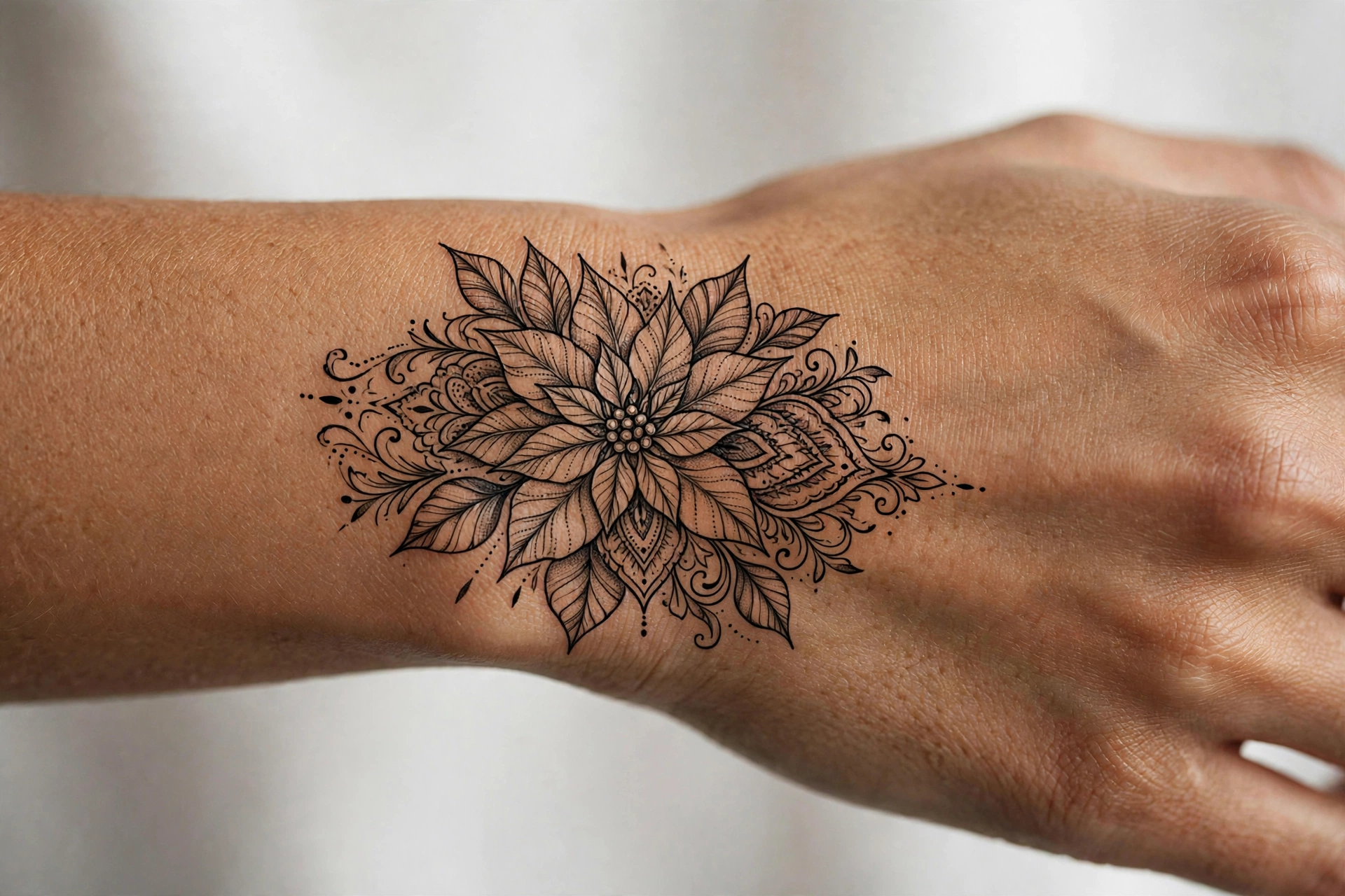 Red poinsettia flower tattoo botanical style