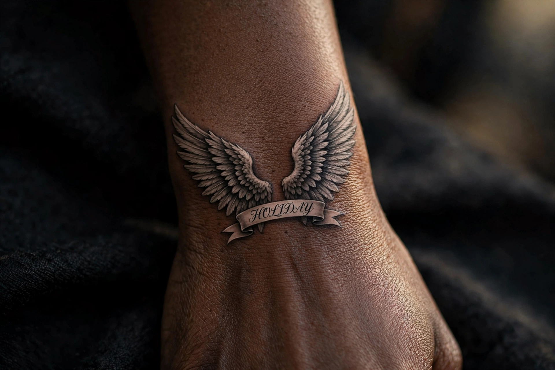 Delicate angel wings tattoo with halo for Christmas