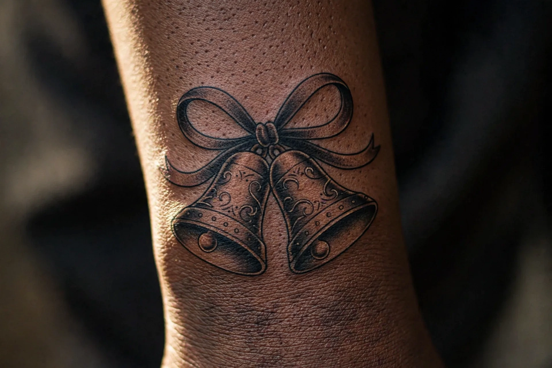 Golden Christmas bell tattoo with ribbon