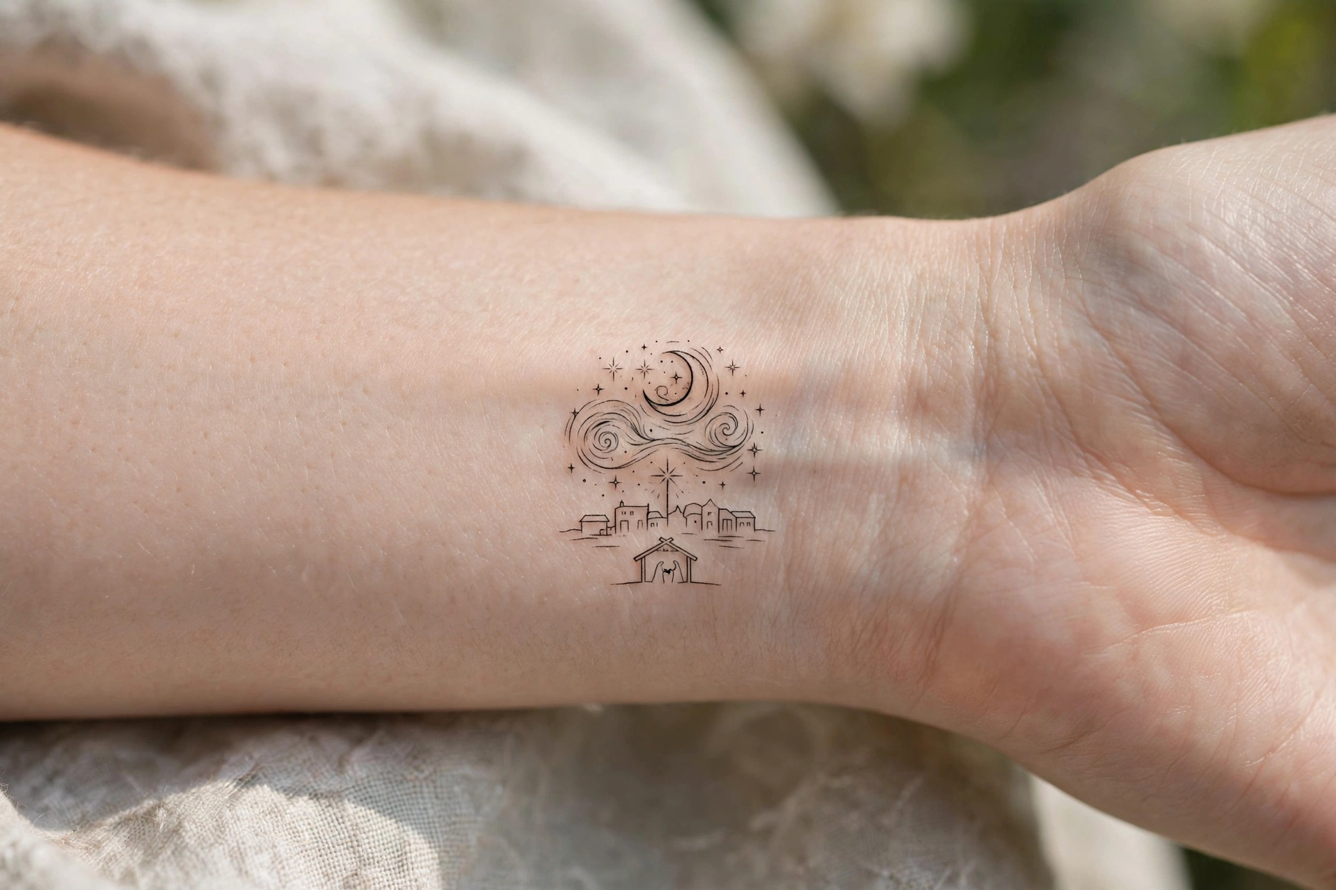 Starry night sky tattoo with bright Christmas star