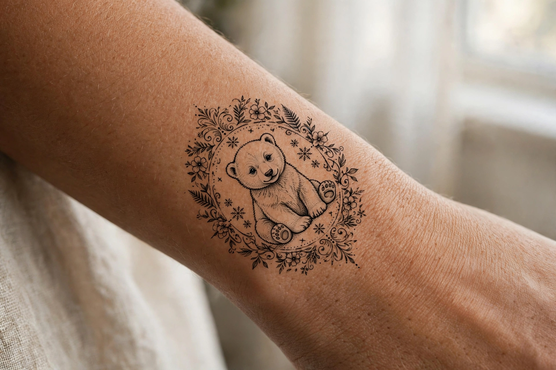Adorable polar bear cub tattoo in snow