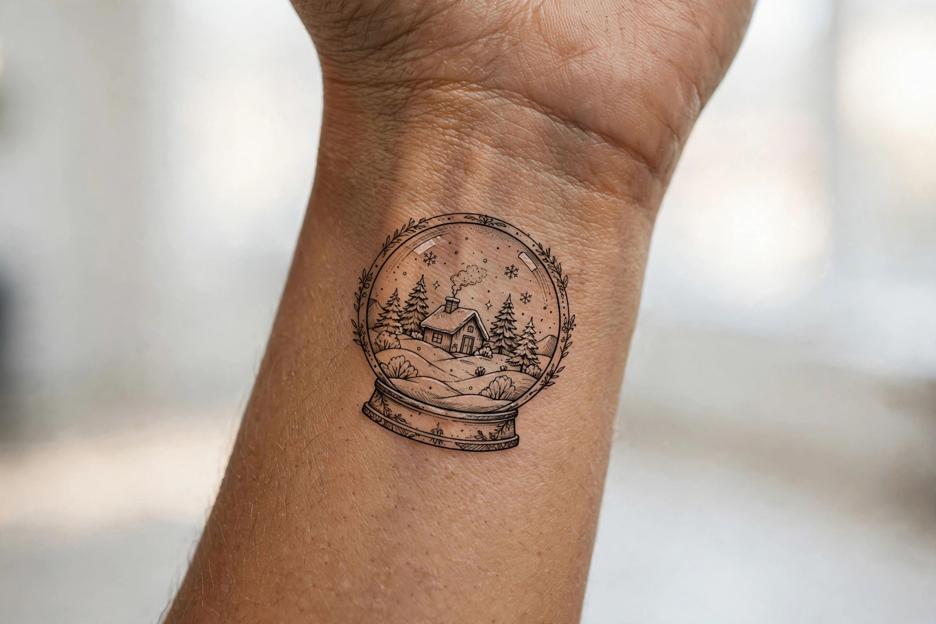 Snow globe tattoo with tiny winter village inside