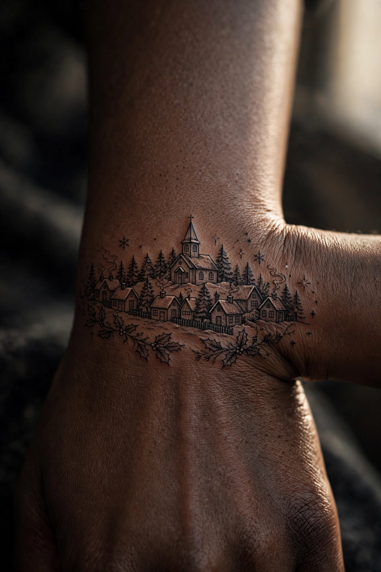 Tiny Christmas village tattoo with glowing windows