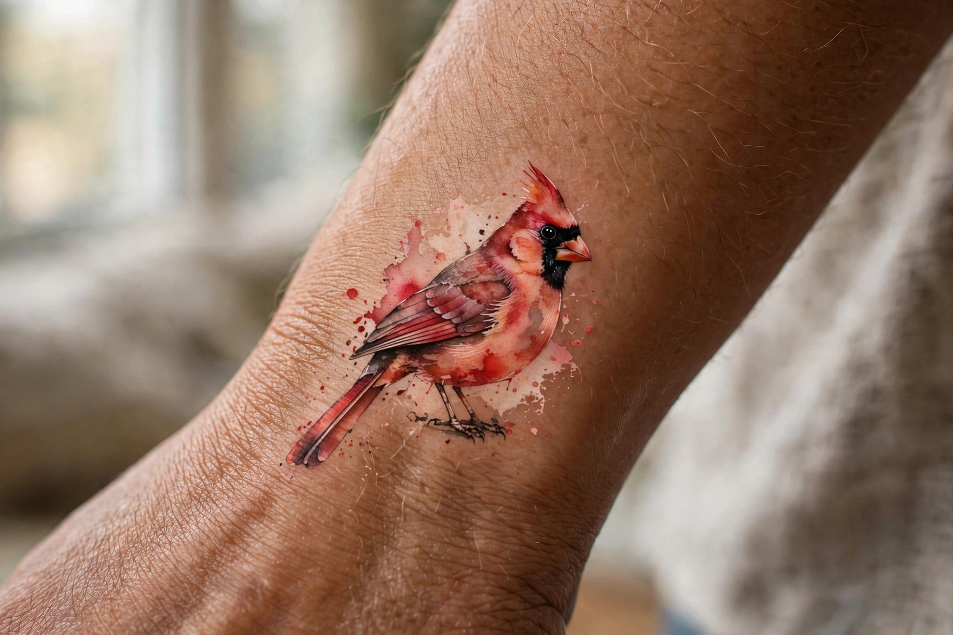 Red cardinal bird tattoo on snowy branch