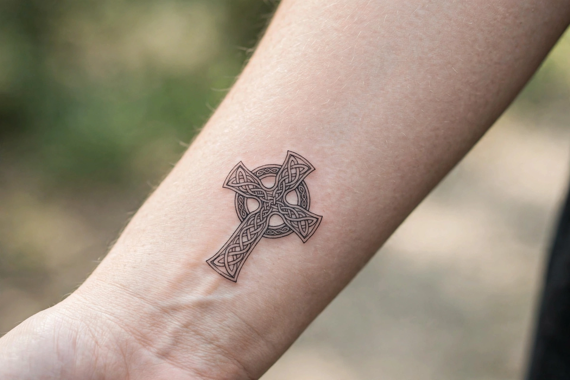 Celtic cross tattoo with intricate knotwork on a woman's shoulder