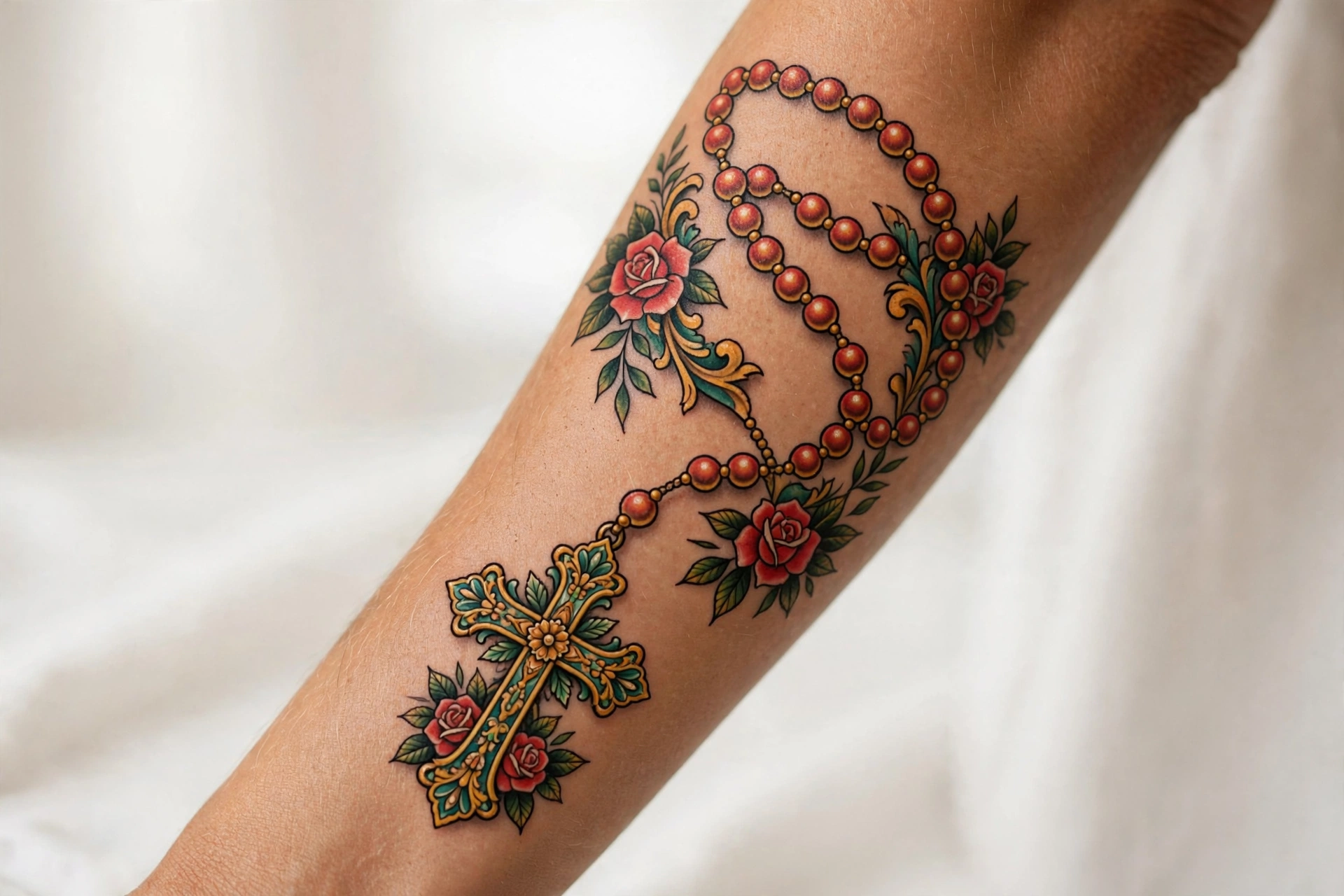 Rosary beads cross tattoo wrapped around a woman's ankle