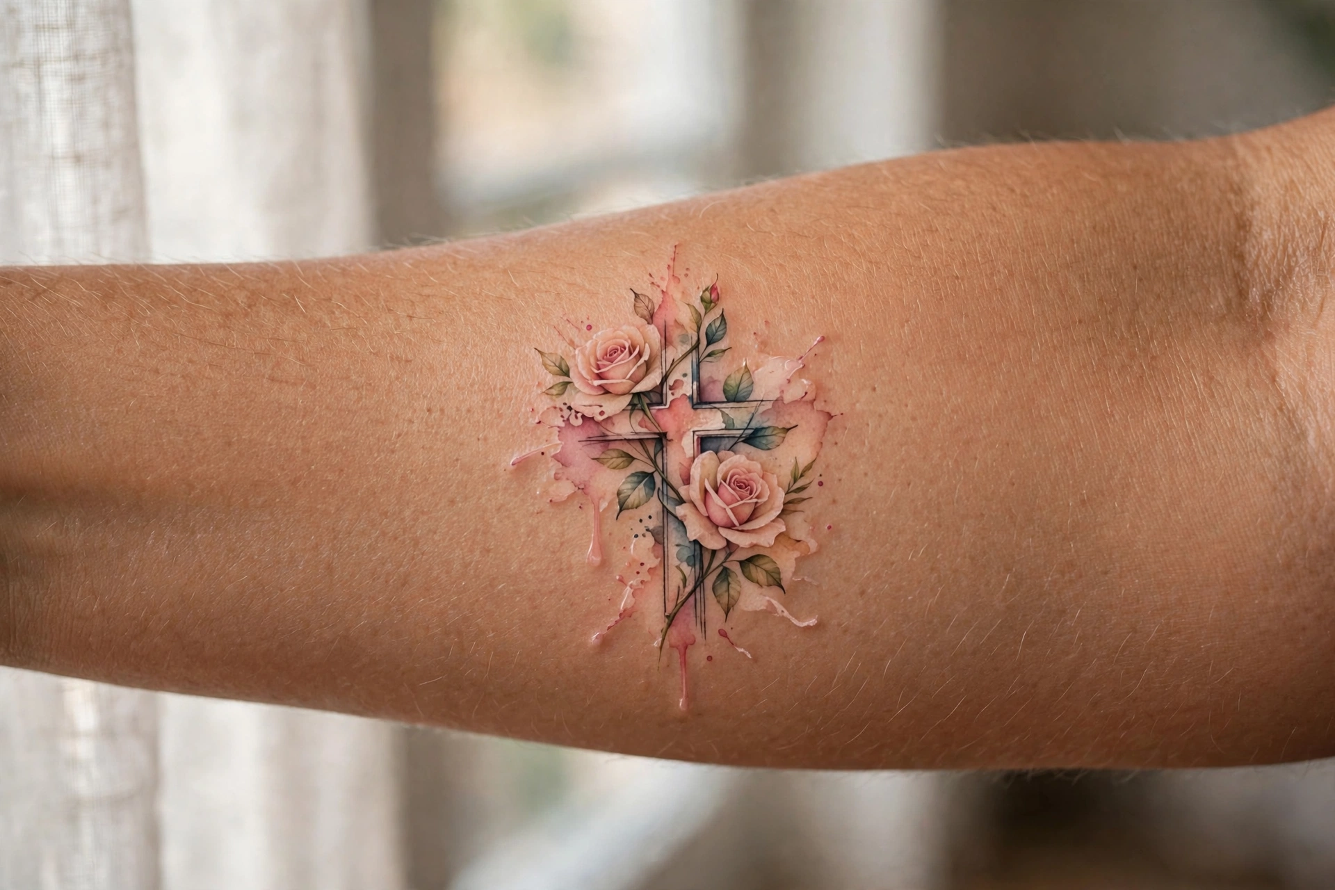 Cross tattoo surrounded by red roses on a woman's ribcage